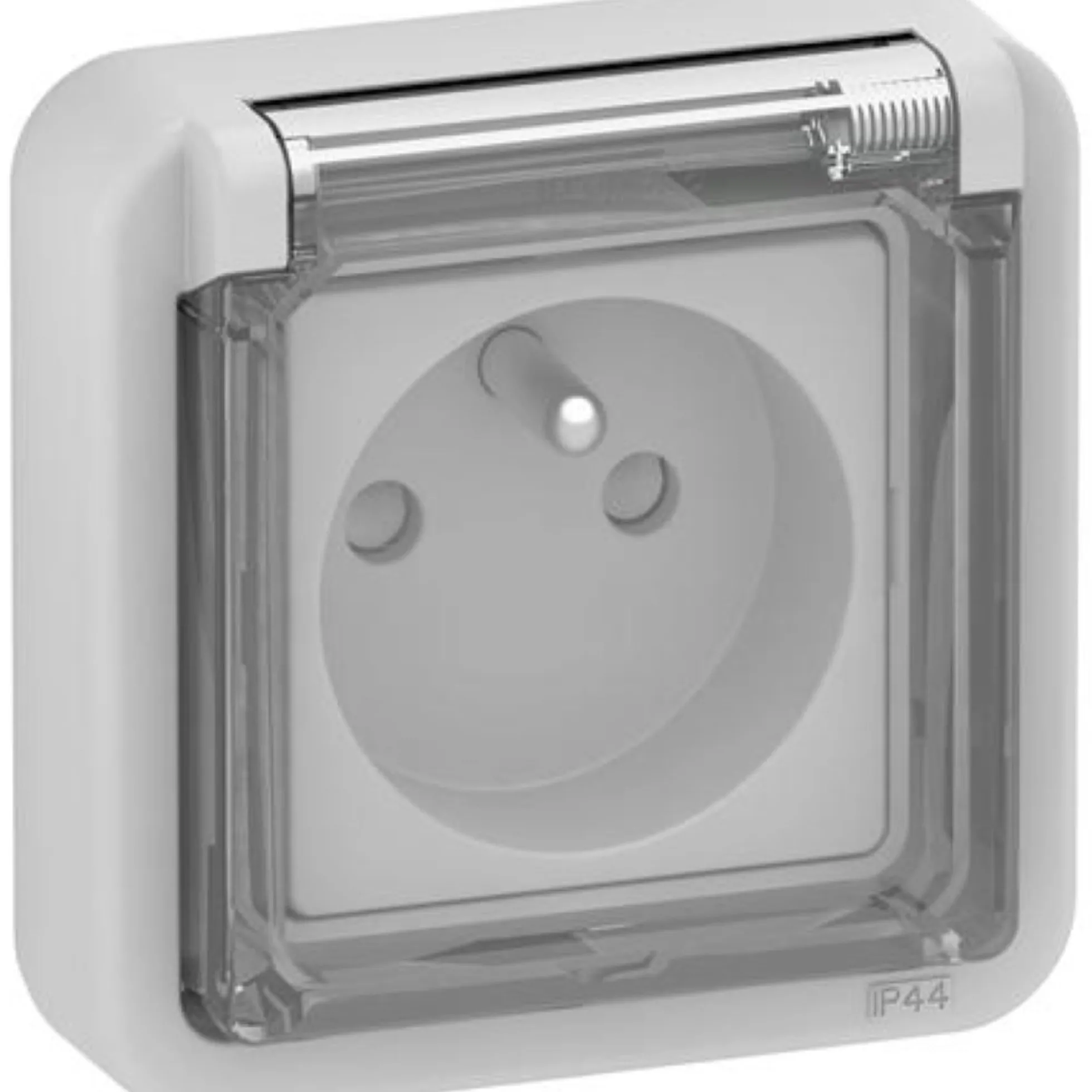 LK OPUS® 74, Stikkontakt med fransk pindjord og transparent front, 1 modul, lysegrå – Lauritz Knudsen