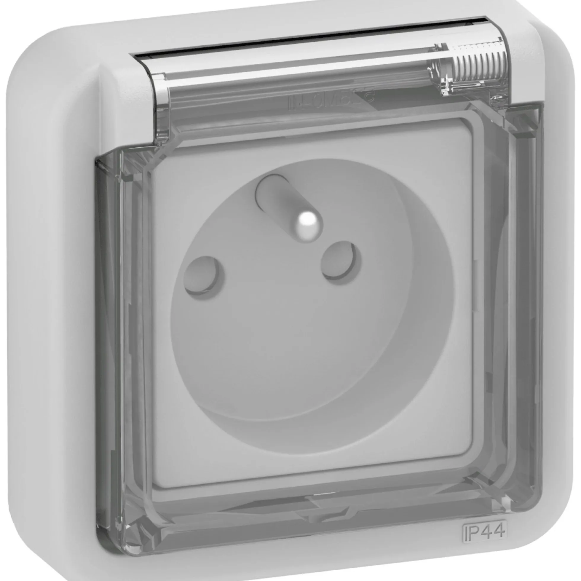 LK OPUS® 74, Stikkontakt med fransk pindjord og transparent front, 1 modul, lysegrå – Lauritz Knudsen