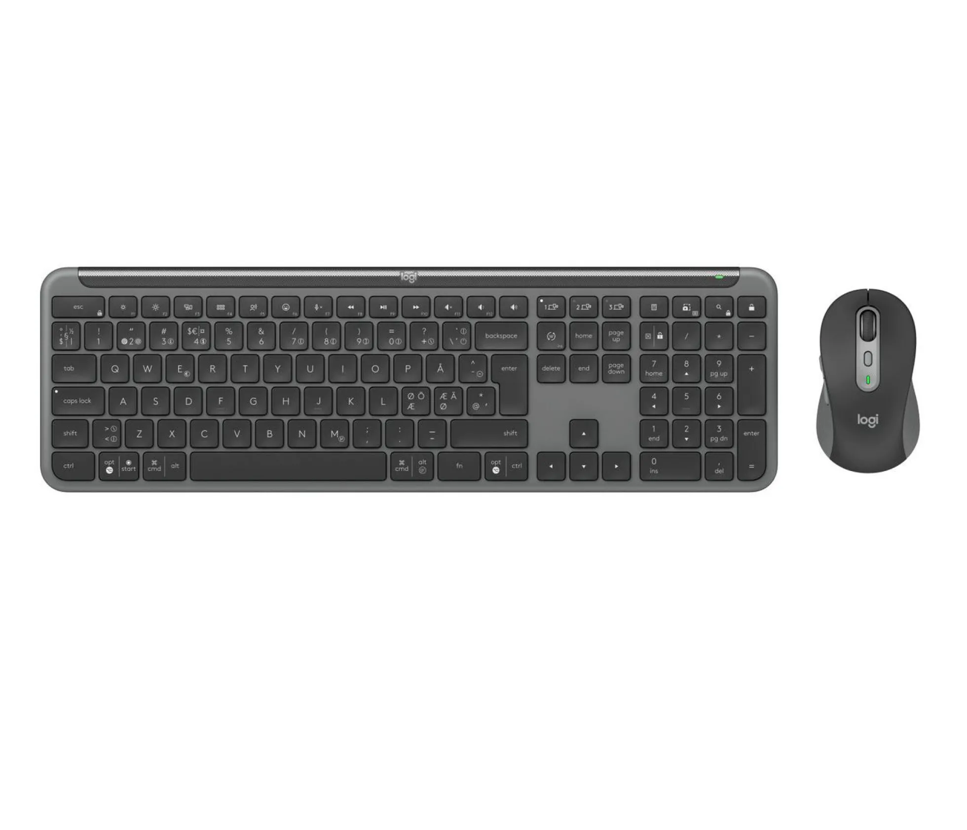 Logitech MK950 Signature Slim, trådløst tastatur og mus sæt, RF og Bluetooth, nordisk layout, grafit