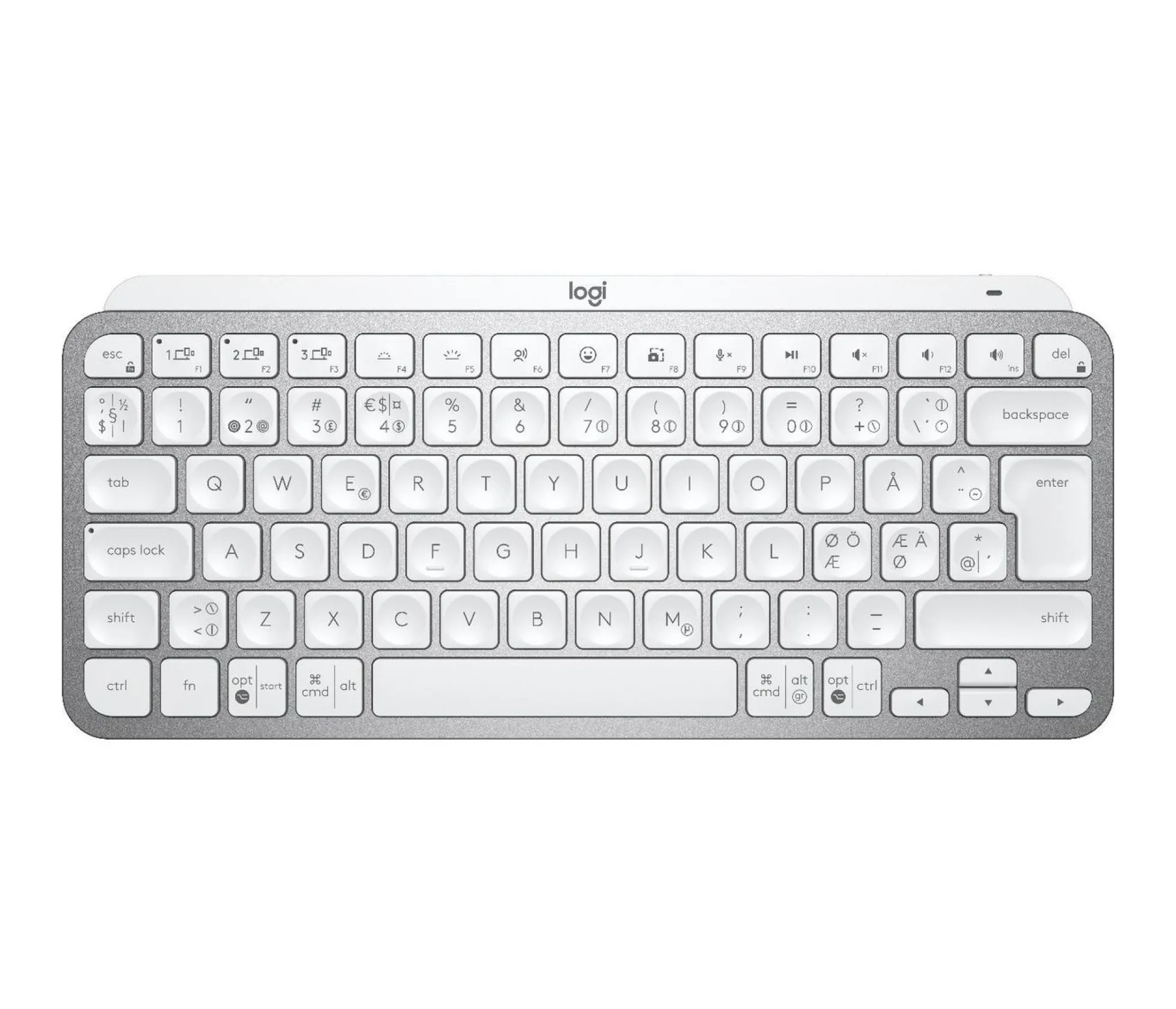 Logitech MX Keys Mini, trådløst belyst tastatur, nordisk layout, pale grey