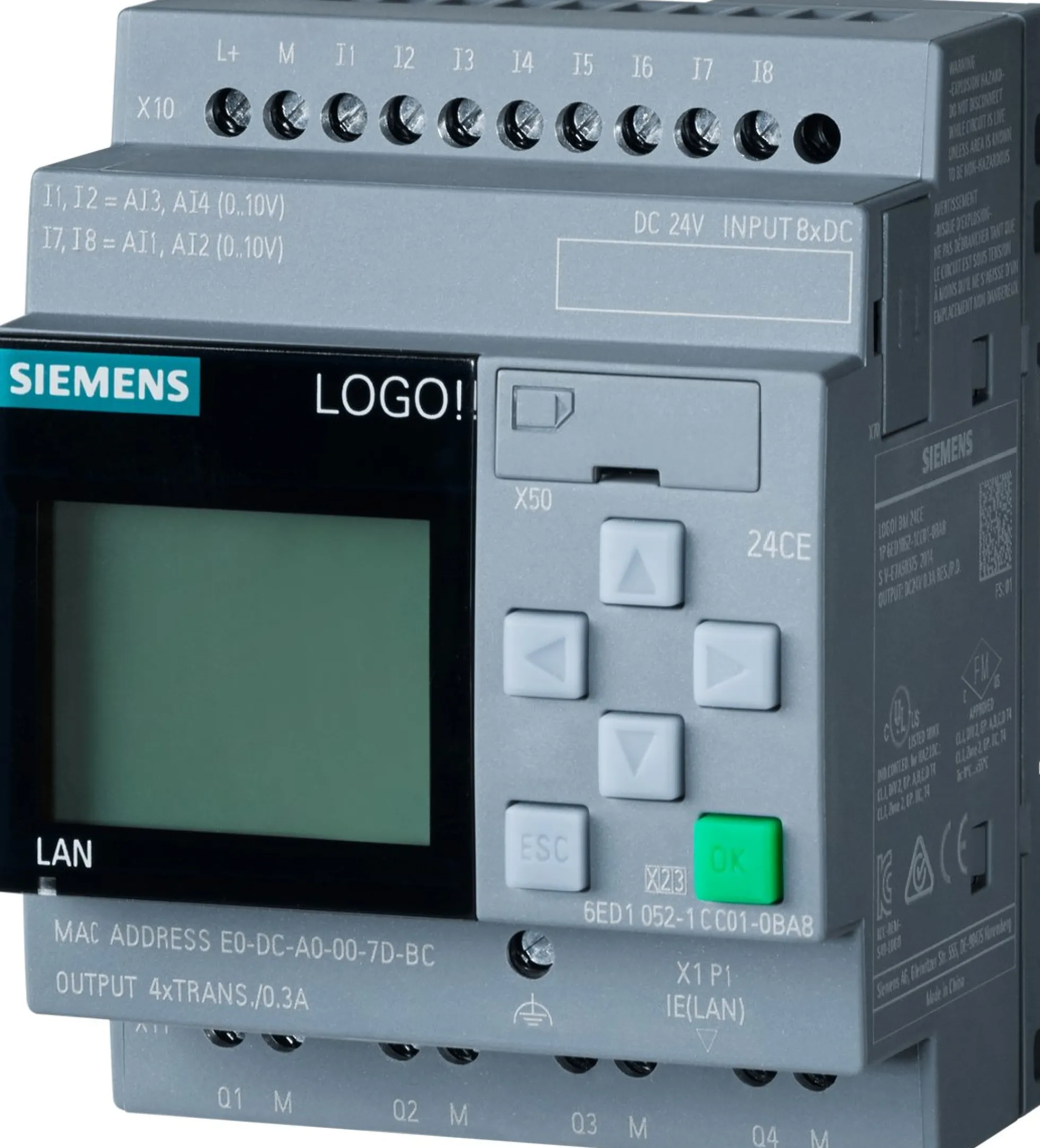 LOGO! 24CE logisk modul, display PU/I/O: 24V/24V/24V transistor, 8DI (4AI)/4DO
