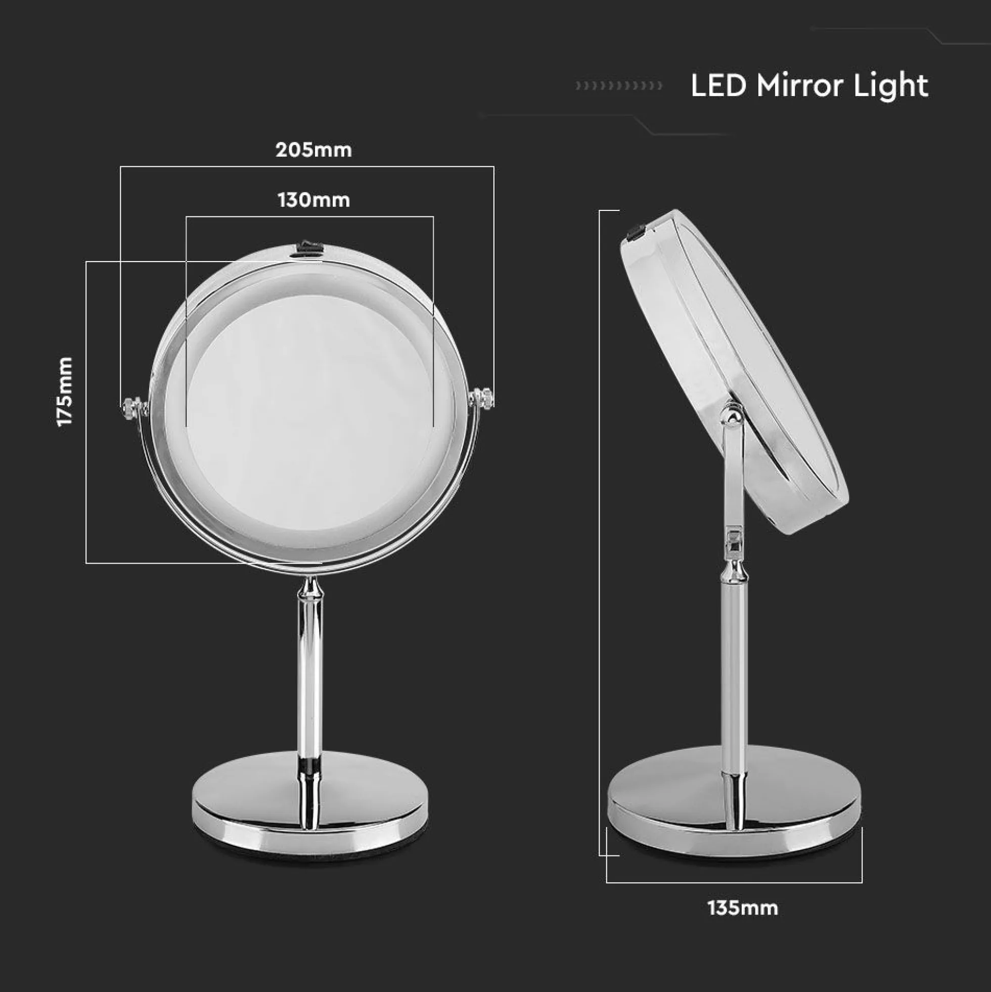 Makeup spejl med lys - LED, 4xAA batteri, krom, 6400K