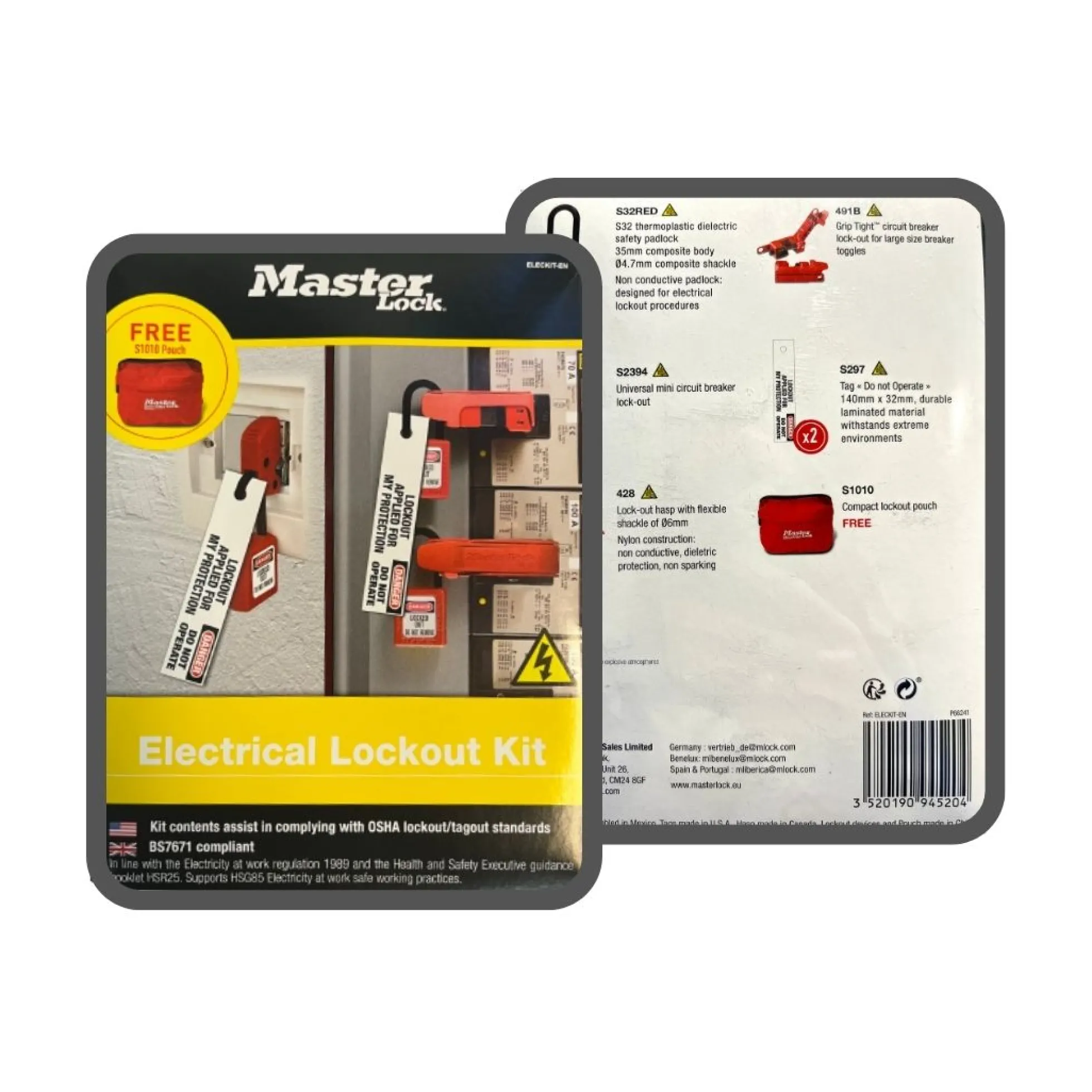 Masterlock Elektrikerkit med Taske, S32KARED Hængelås, S2394 Lock-Out, 491B Lock-Out, S4268LEN Skilte, 428 Lock-Out Hasp
