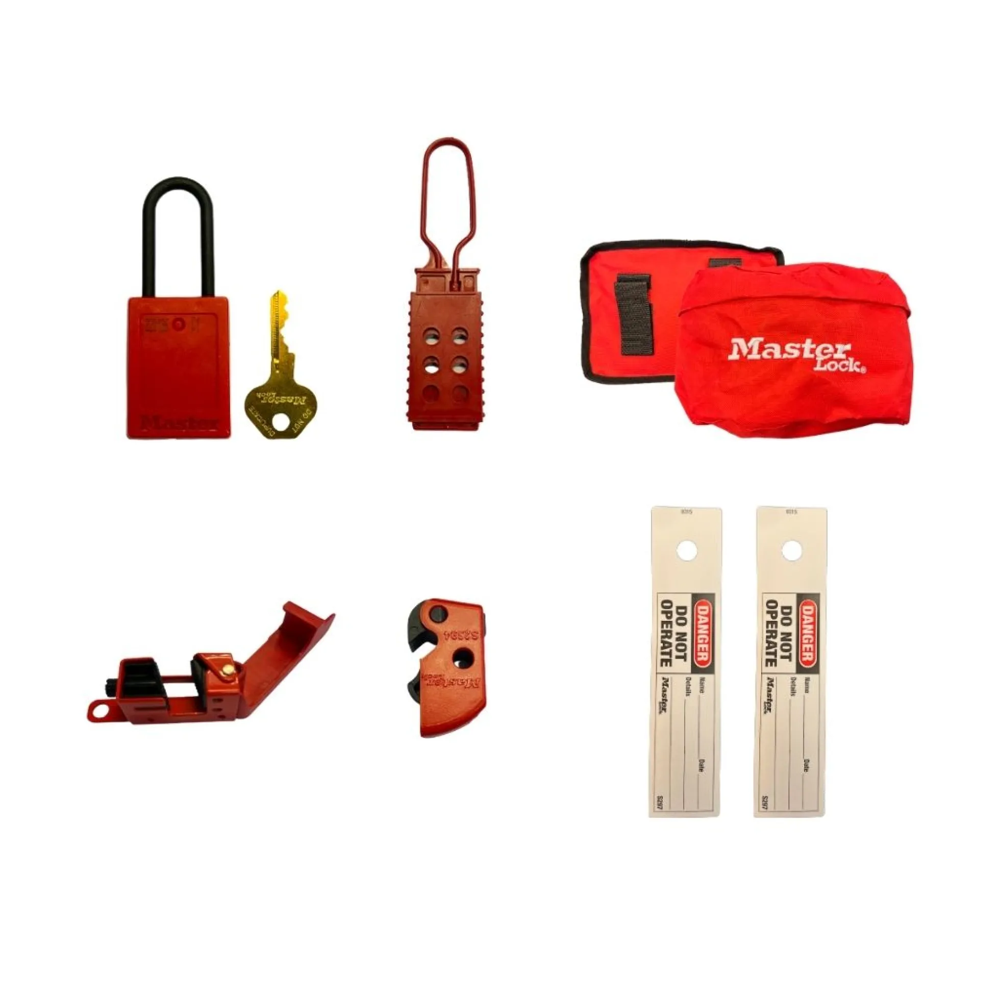 Masterlock Elektrikerkit med Taske, S32KARED Hængelås, S2394 Lock-Out, 491B Lock-Out, S4268LEN Skilte, 428 Lock-Out Hasp