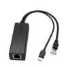 1000 Mbit PoE splitter, USB-C strømindgang, RJ45 dataudgang, USB-C strømudgang, sort