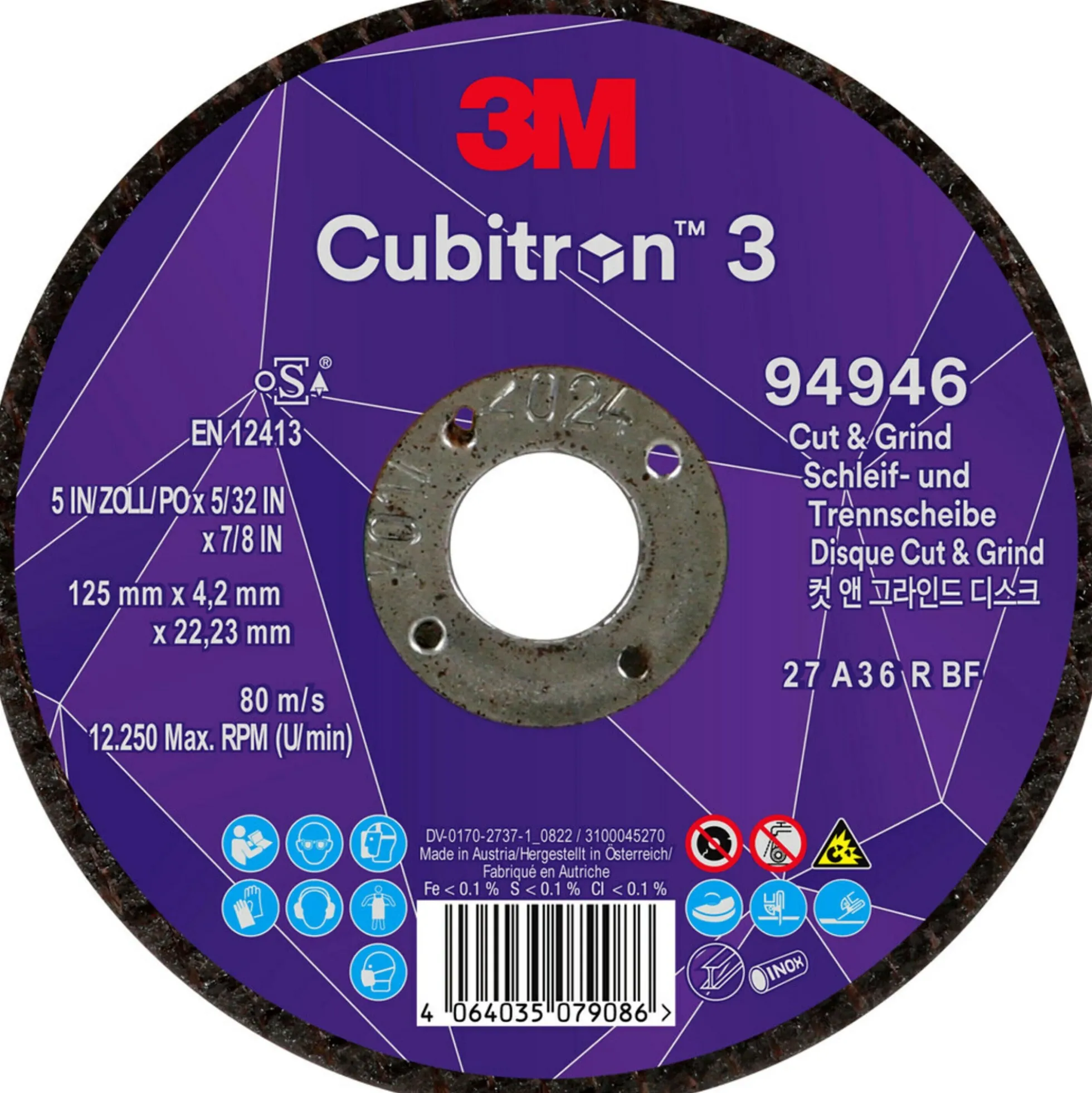 3M Cubitron™ III skære- og skrubskive, 125 mm x 4,2 mm, til stål/rustfrit stål, 22,2 mm hul