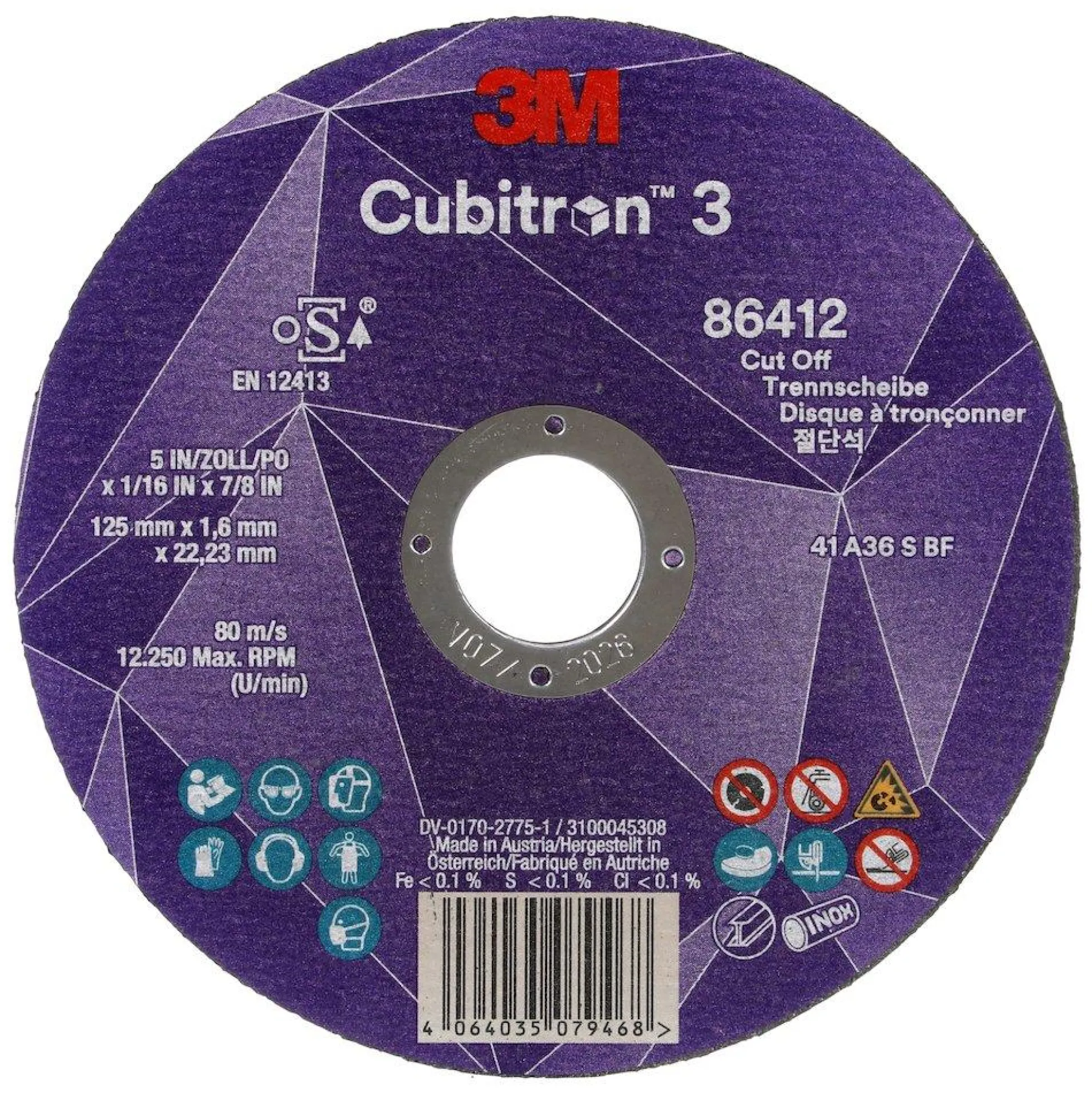 3M Cubitron III skæreskive, 125 mm x 1,6 mm, T41, plan, stål/rf