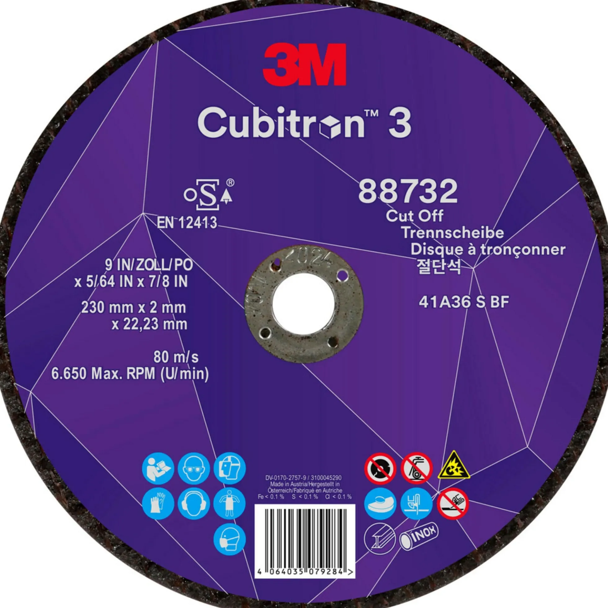 3M Cubitron III Skæreskive, 230-2, plan, stål/RF, T41, 22,2mm, 6650 pr. minut