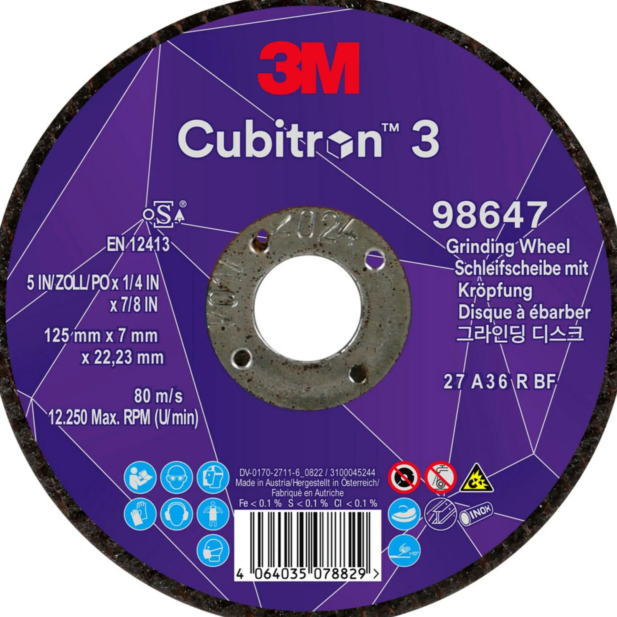 3M™ Cubitron™ III skrubskive, 125 mm x 7 mm, forsænket midte, til stål og rustfrit stål