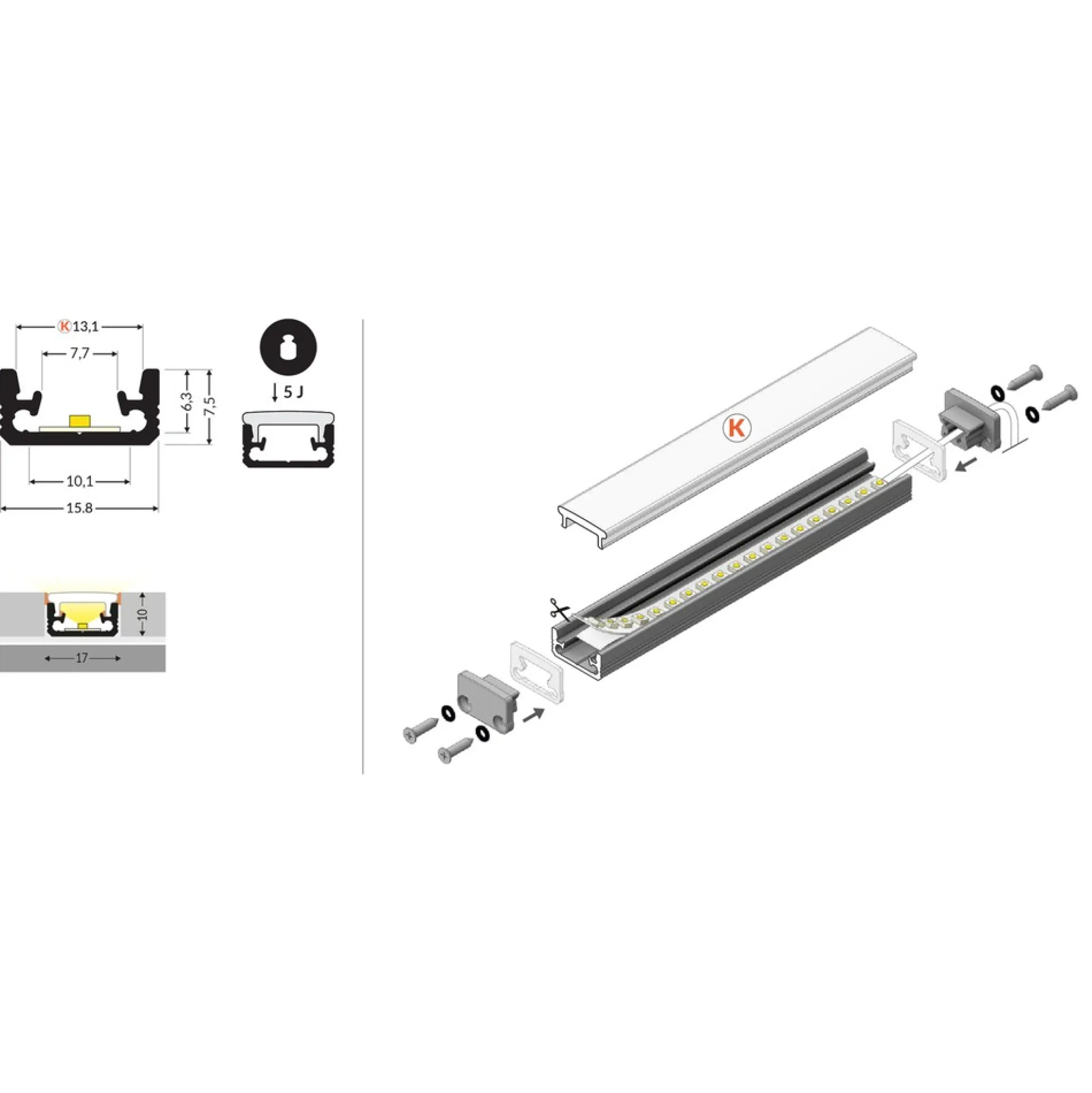 1 meter aluprofil FLOOR8 K, anodiseret, fliseprofil, LED skinne