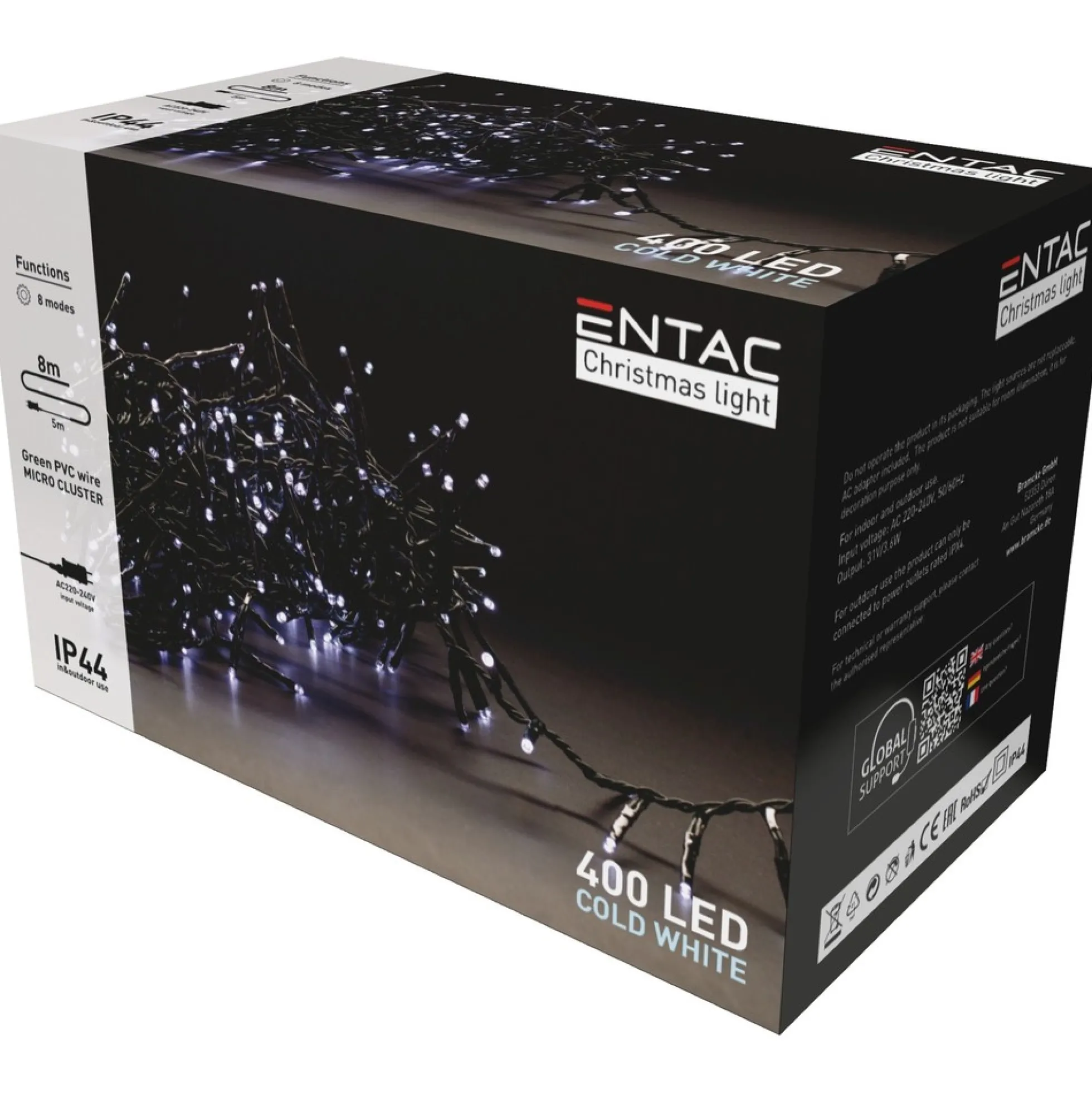 8 meter kold hvid cluster LED julelyskæde, 400 LED, med memory funktion, egnet til udendørs brug, IP44, 230V (restsalg)