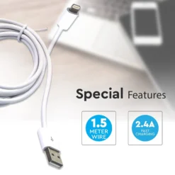 1,5 meter MFI Lightning til USB kabel, 2.4A, hvid - Apple certificeret