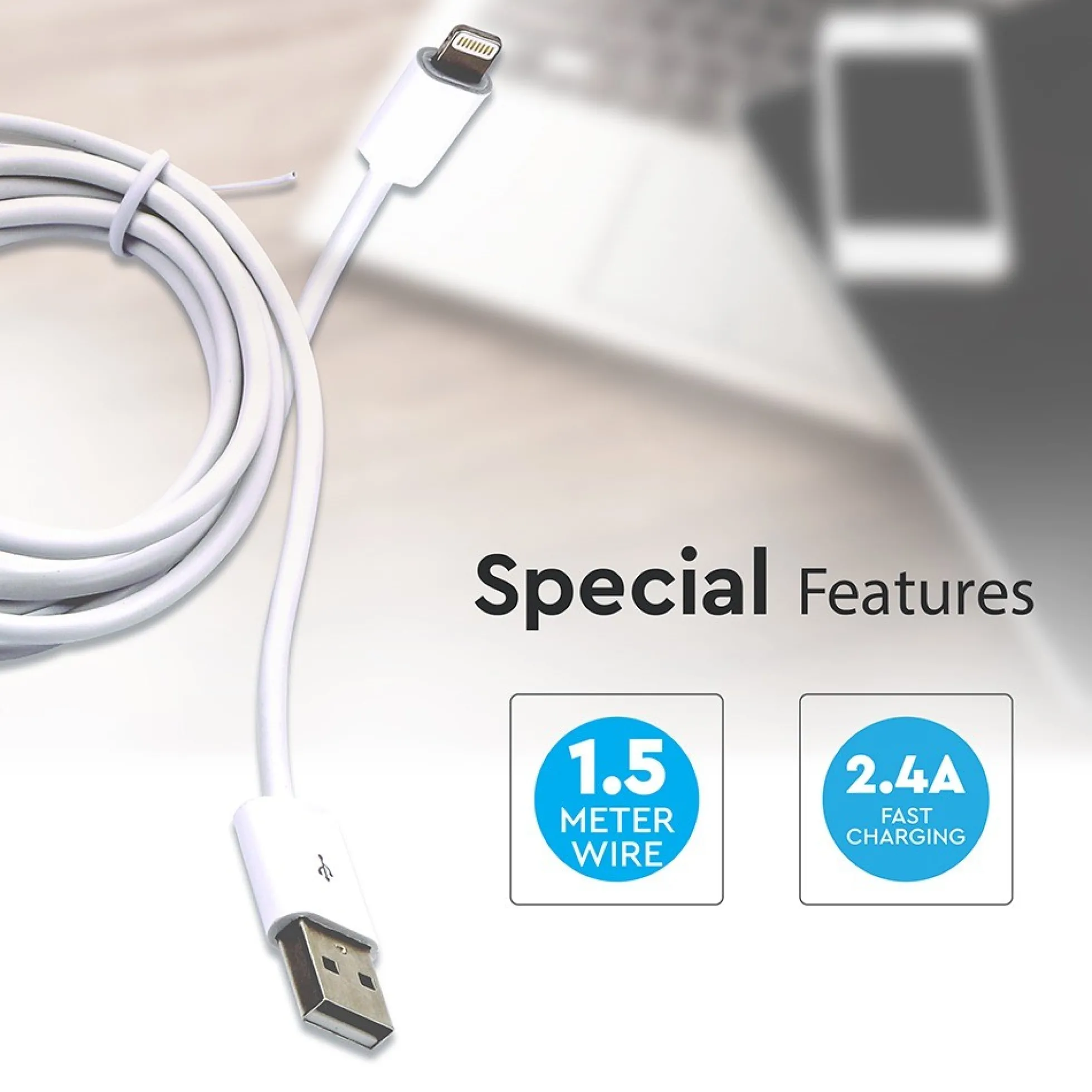 1,5 meter MFI Lightning til USB kabel, 2.4A, hvid - Apple certificeret