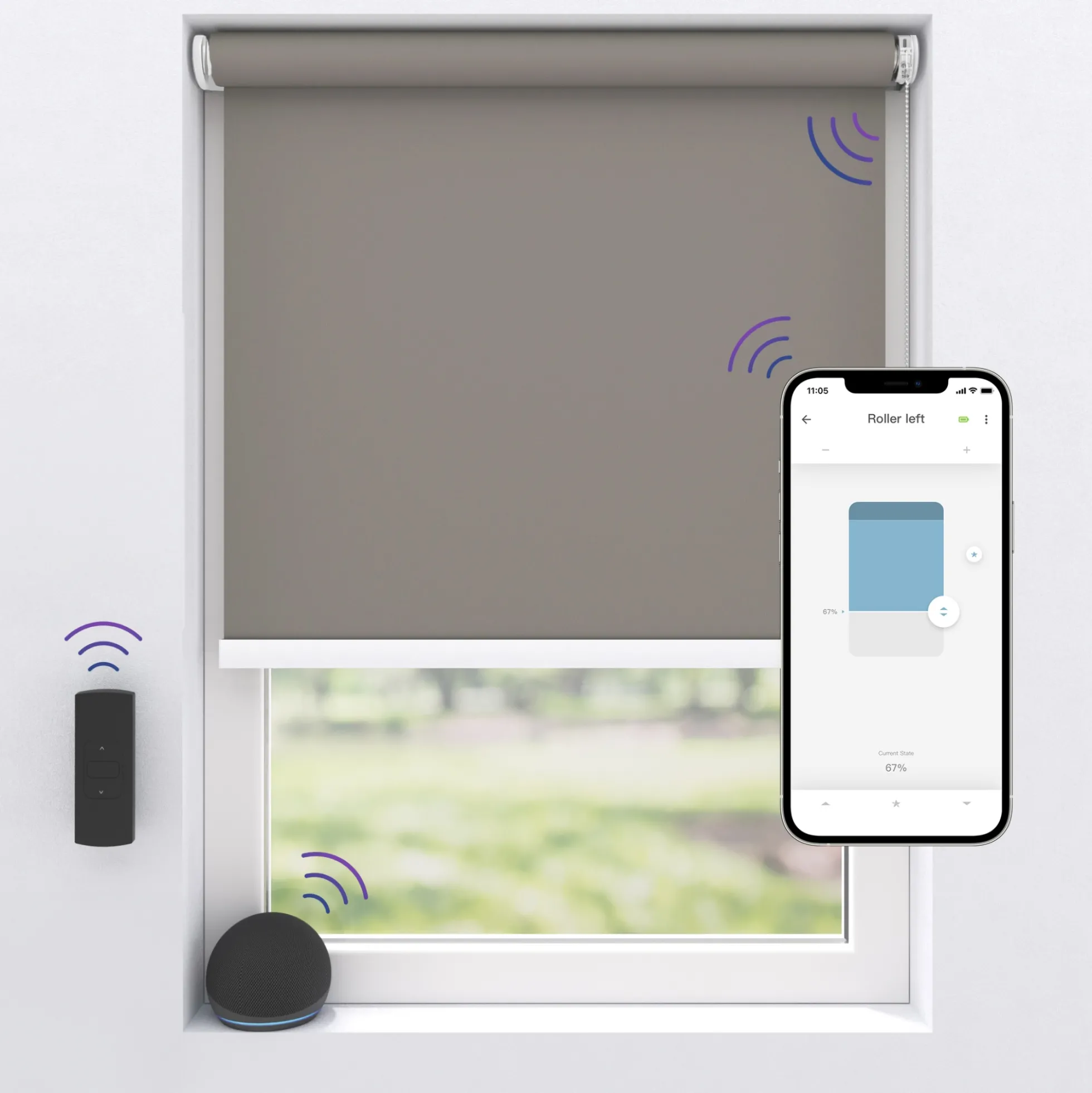 MotionBlinds trådløst/motoriseret rullegardin, mørklægning, Bluetooth, grå, komplet