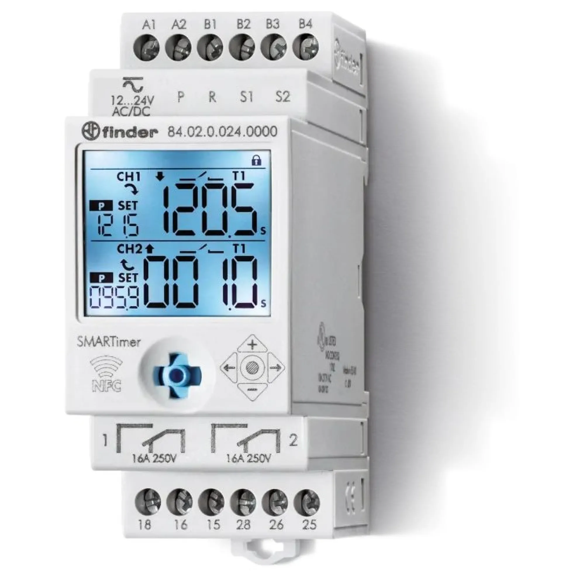 Multi-funktions og spændingstimer, 2 skiftekontakter + NFC, 12-24V AC/DC - Finder