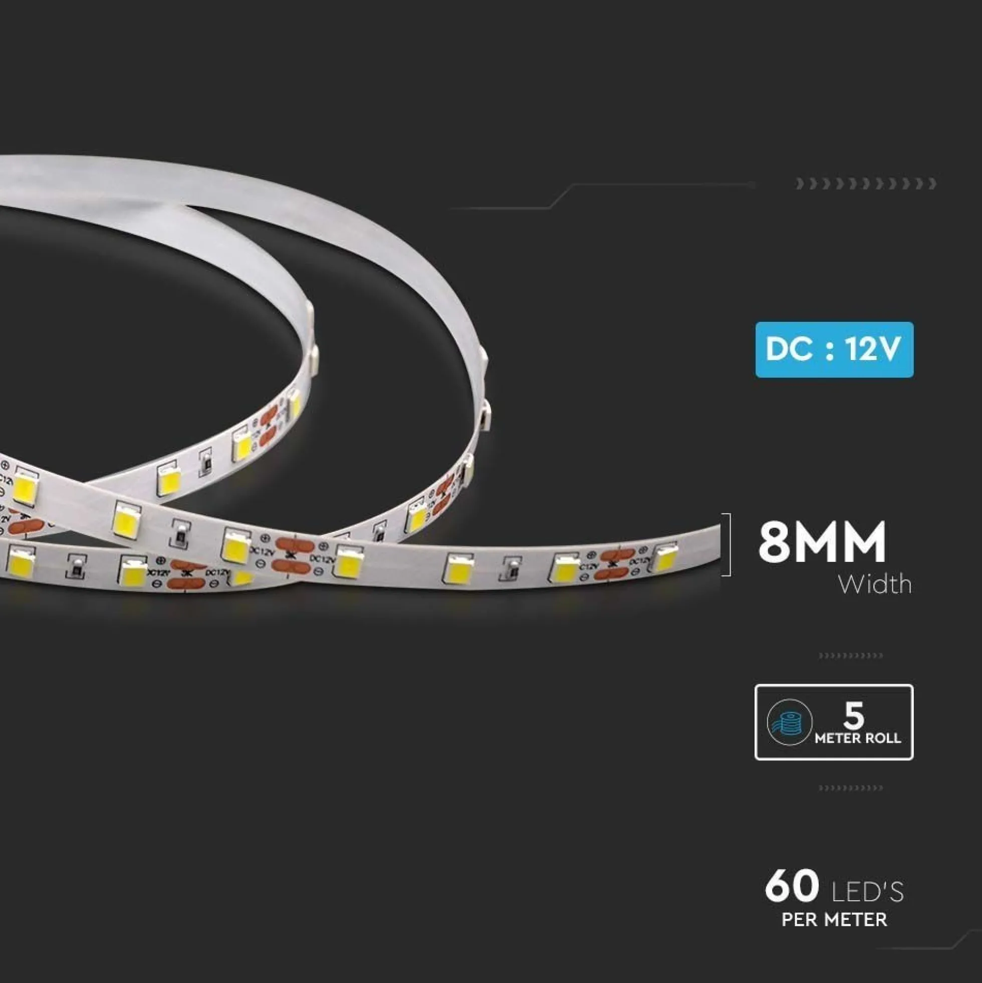 5m 8W/m LED strip, 12V DC, 60 LED pr. meter, Neutral hvid (4000K) - V-Tac