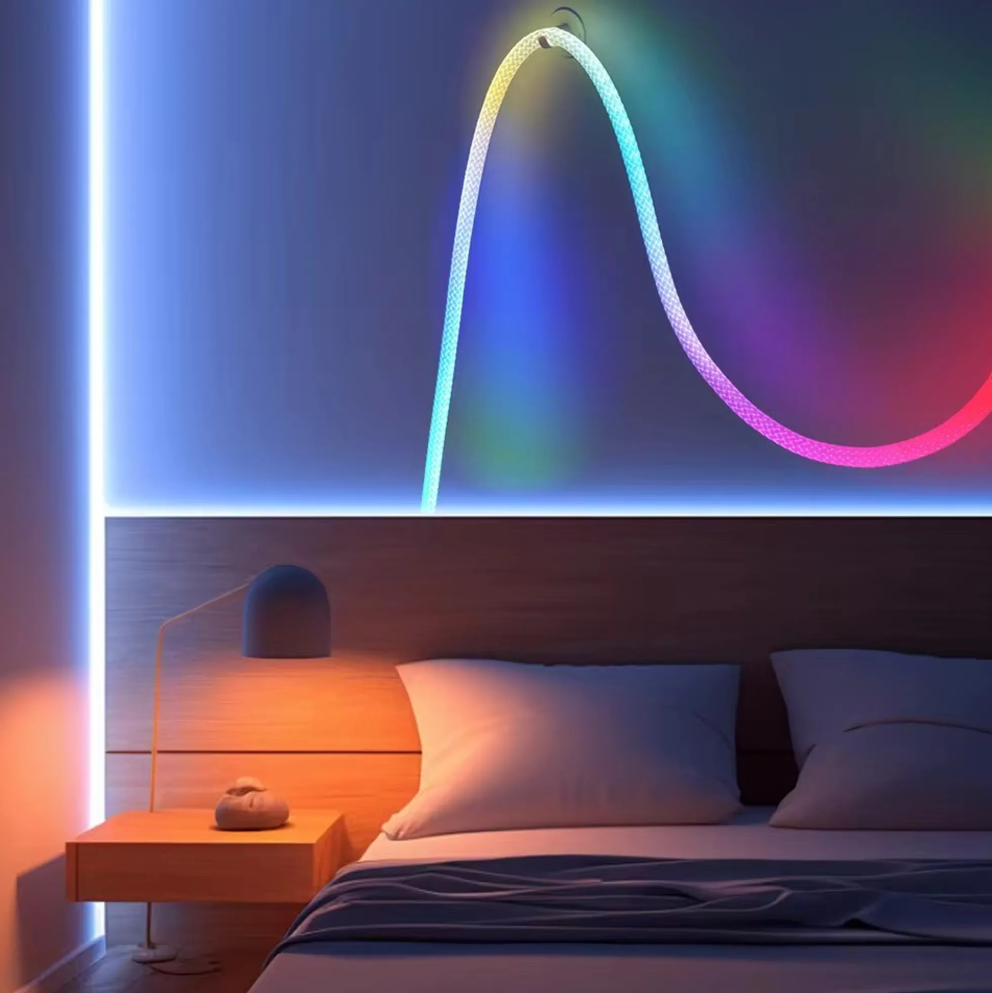 Neon Flex Rope, 5 meter, RGBIC, LED strip i vævet reb, Wifi, Bluetooth, USB, IP67, inkl. fjenbetjening og controller