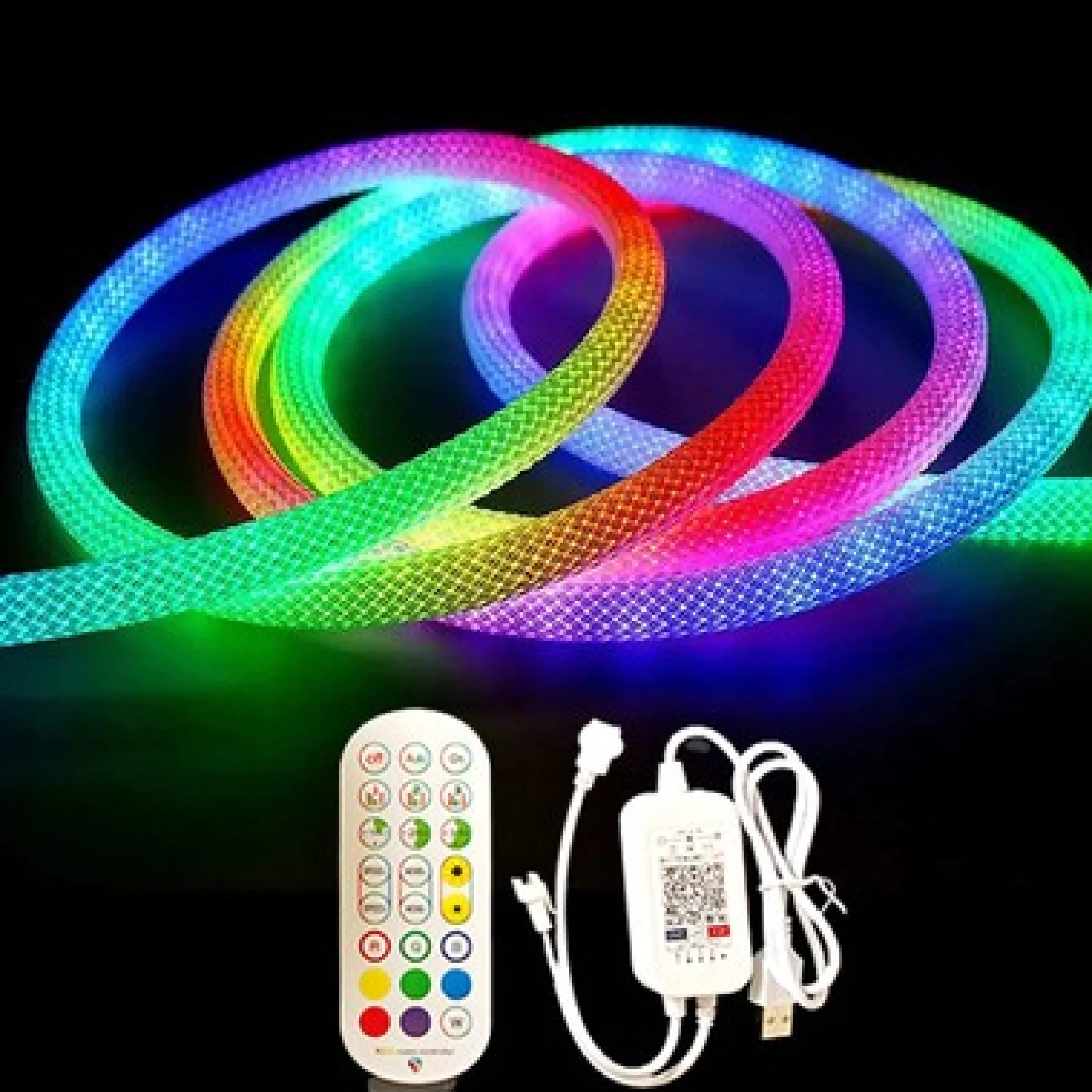 Neon Flex Rope, 5 meter, RGBIC, LED strip i vævet reb, Wifi, Bluetooth, USB, IP67, inkl. fjenbetjening og controller
