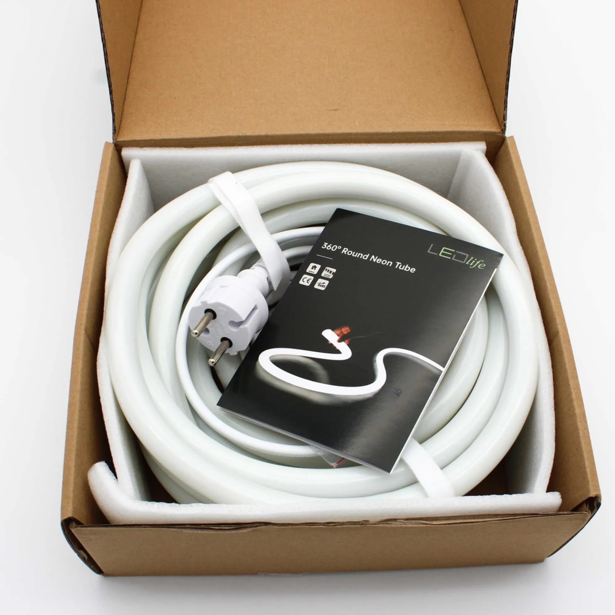 Neon indretningssæt, 10 meter, varm hvid LED strip, D16, 8W/m, 230V, 350lm/m, IP67