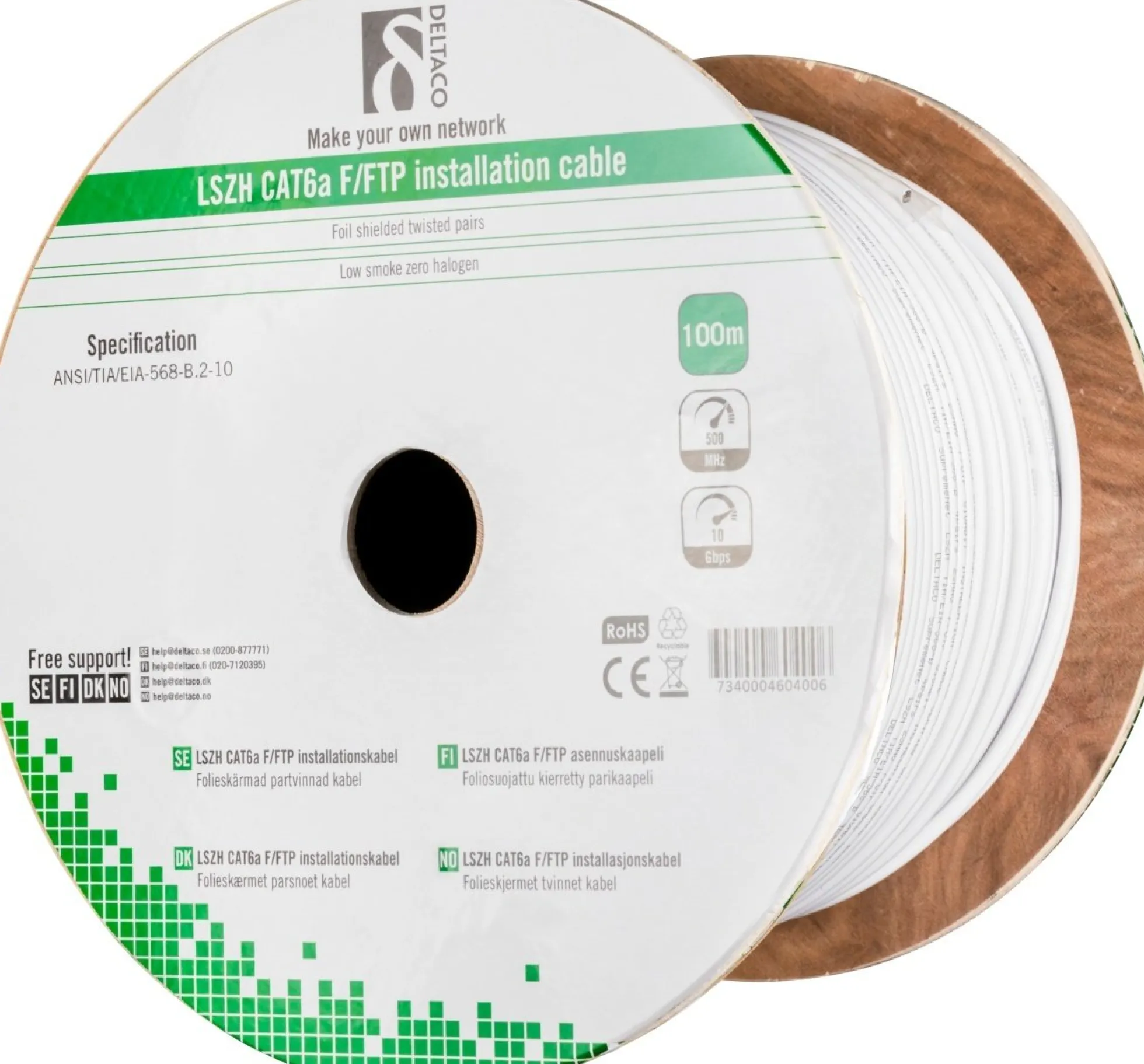 Netværkskabel F/FTP folieskærmet inst.kabel, Cat6a, LSZH , 100 meter rulle, hvid