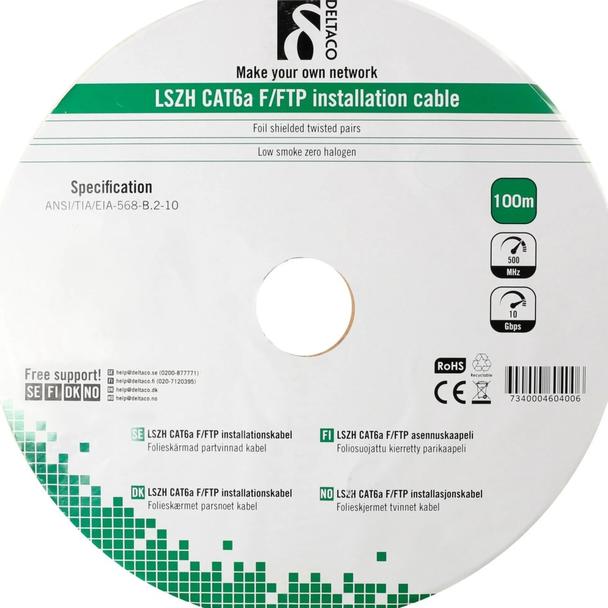 Netværkskabel F/FTP folieskærmet inst.kabel, Cat6a, LSZH , 100 meter rulle, hvid