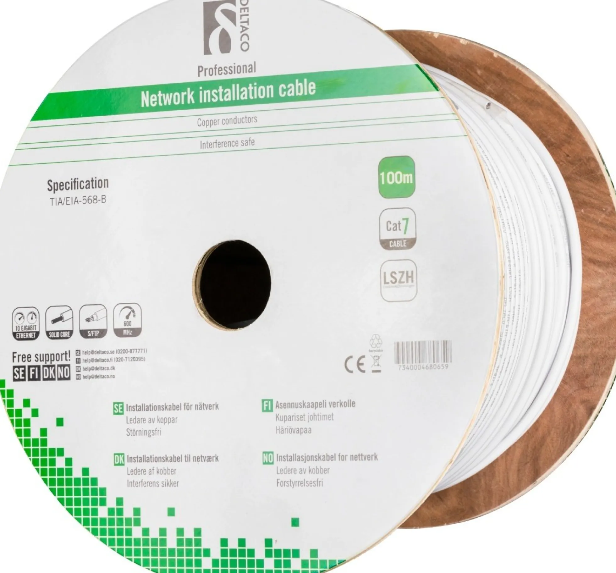 Netværkskabel S/FTP installationskabel Cat7, LSZH, 100 meter, hvid