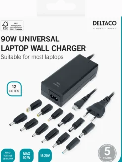 Notebook charger, 15-20 V, 6 A, 90 W, 12 tips, black