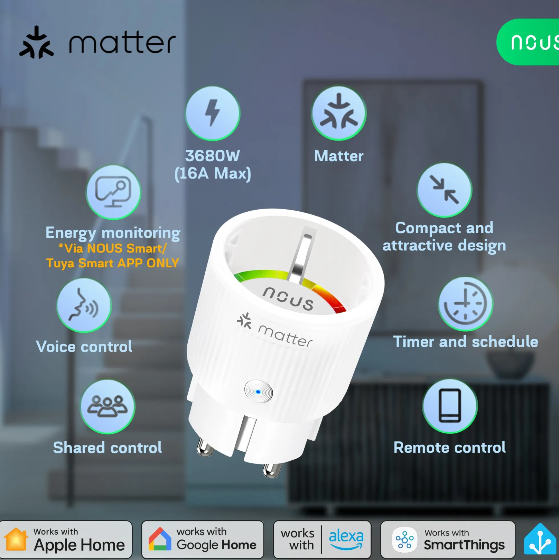 Nous A8M Smart Plug, 16A, Matter - 4 pak