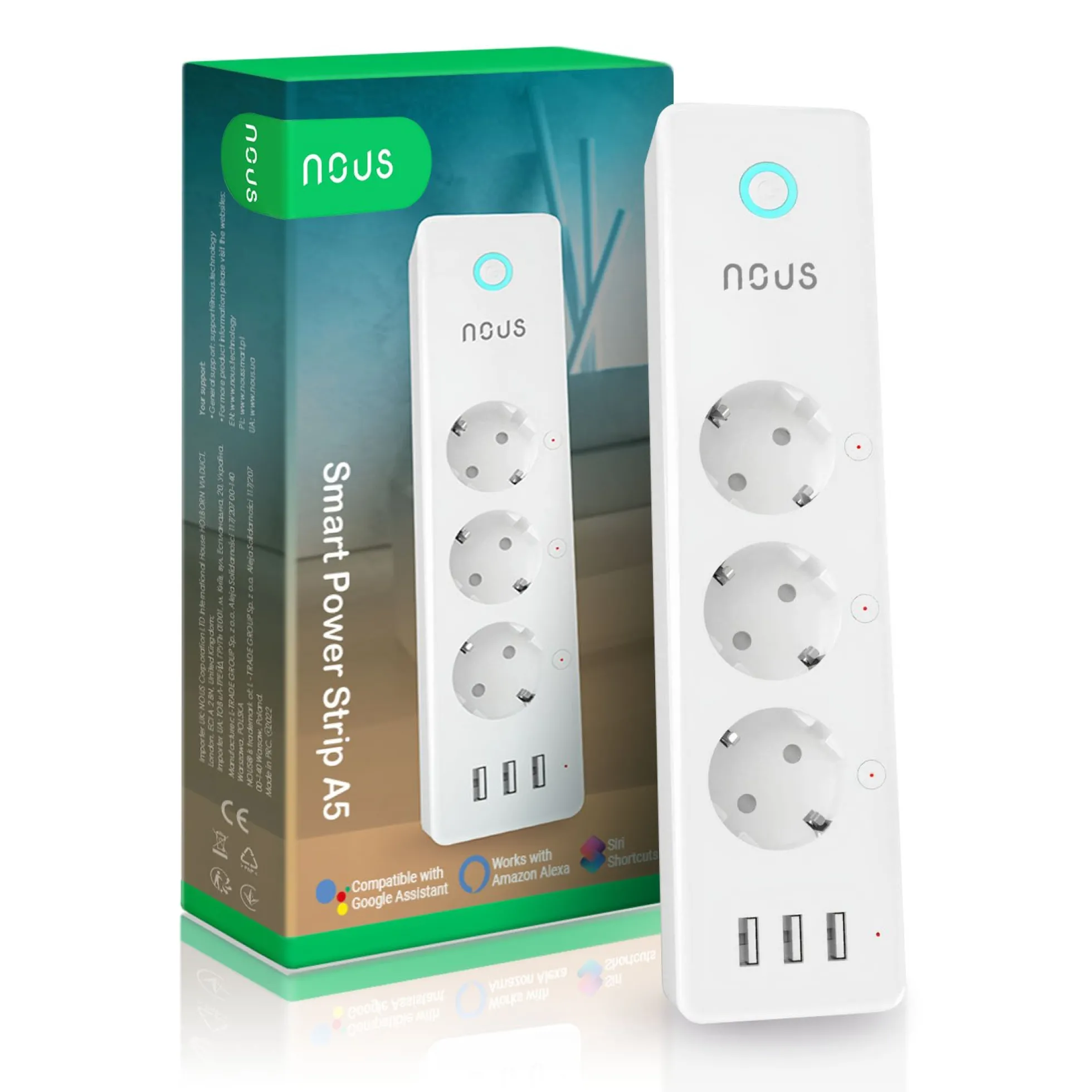 Nous A5 Smart Plug/Stikdåse, 3x230V, 3xUSB-A, WiFi (restsalg)