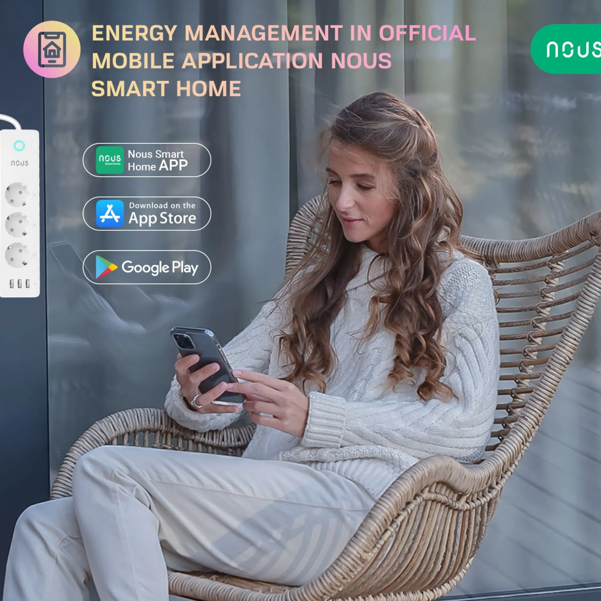 Nous A5 Smart Plug/Stikdåse, 3x230V, 3xUSB-A, WiFi (restsalg)