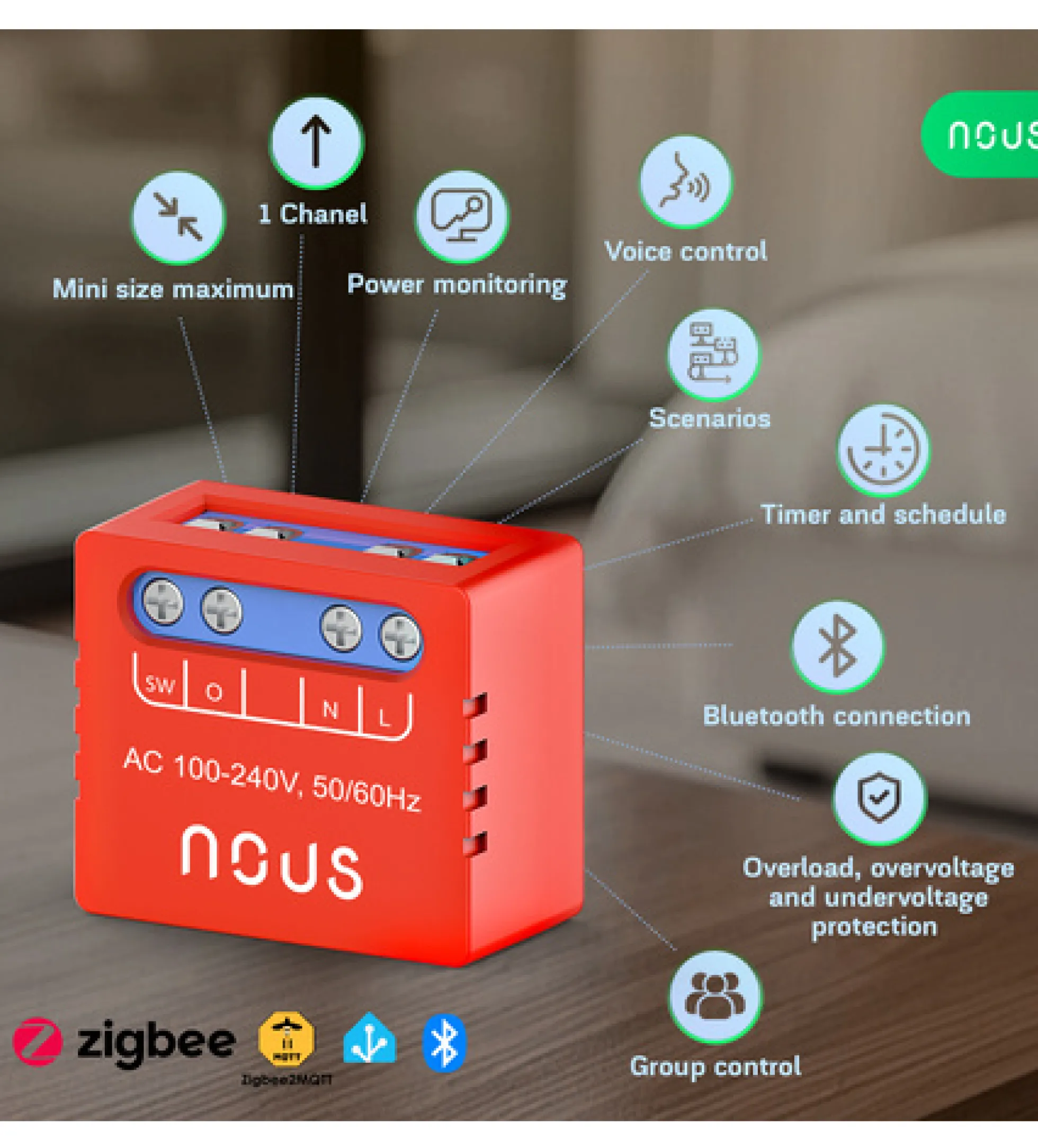 Nous B5Z ZigBee Mini Switch Module, 1 kanal med energimåling