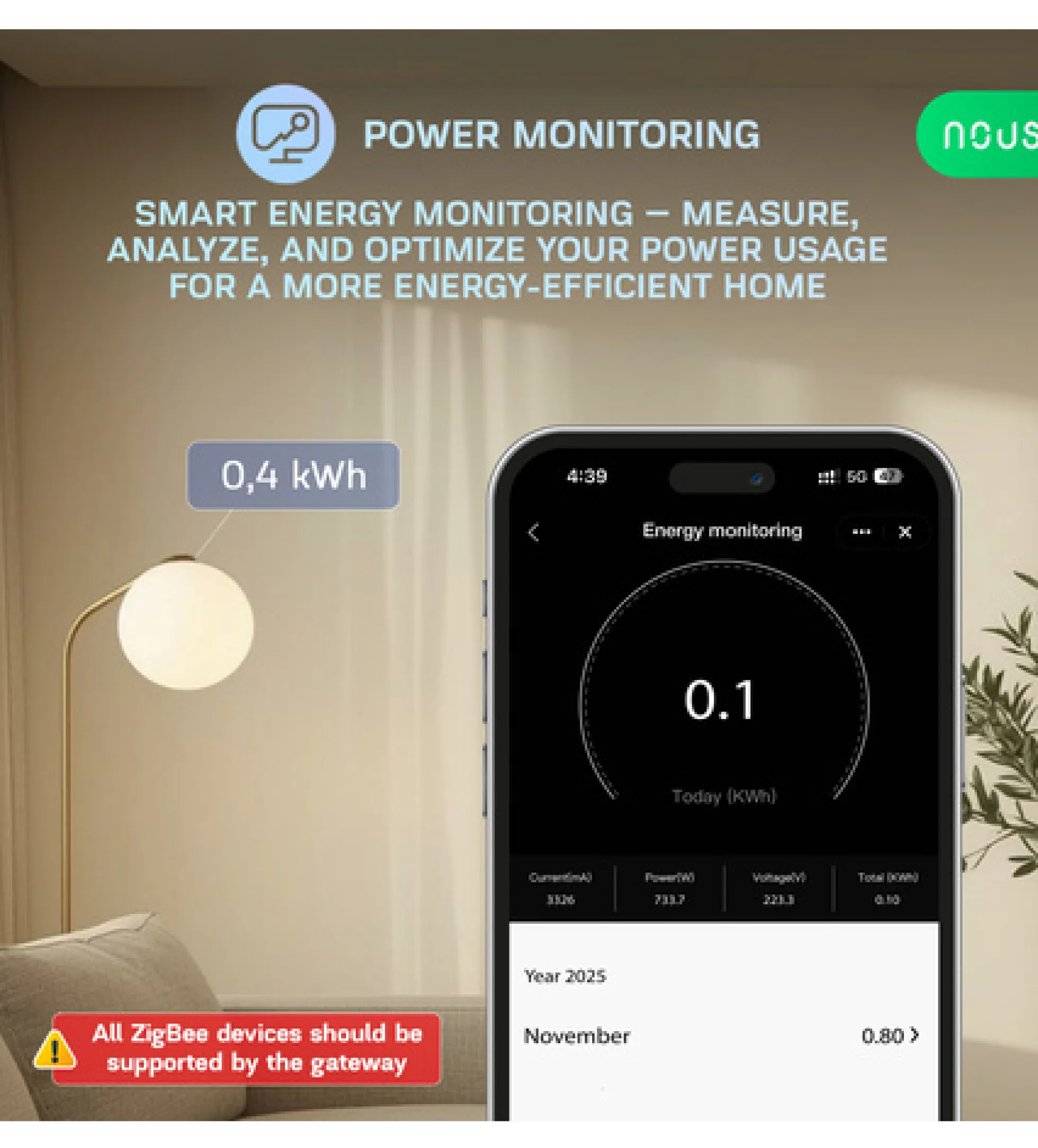 Nous B5Z ZigBee Mini Switch Module, 1 kanal med energimåling