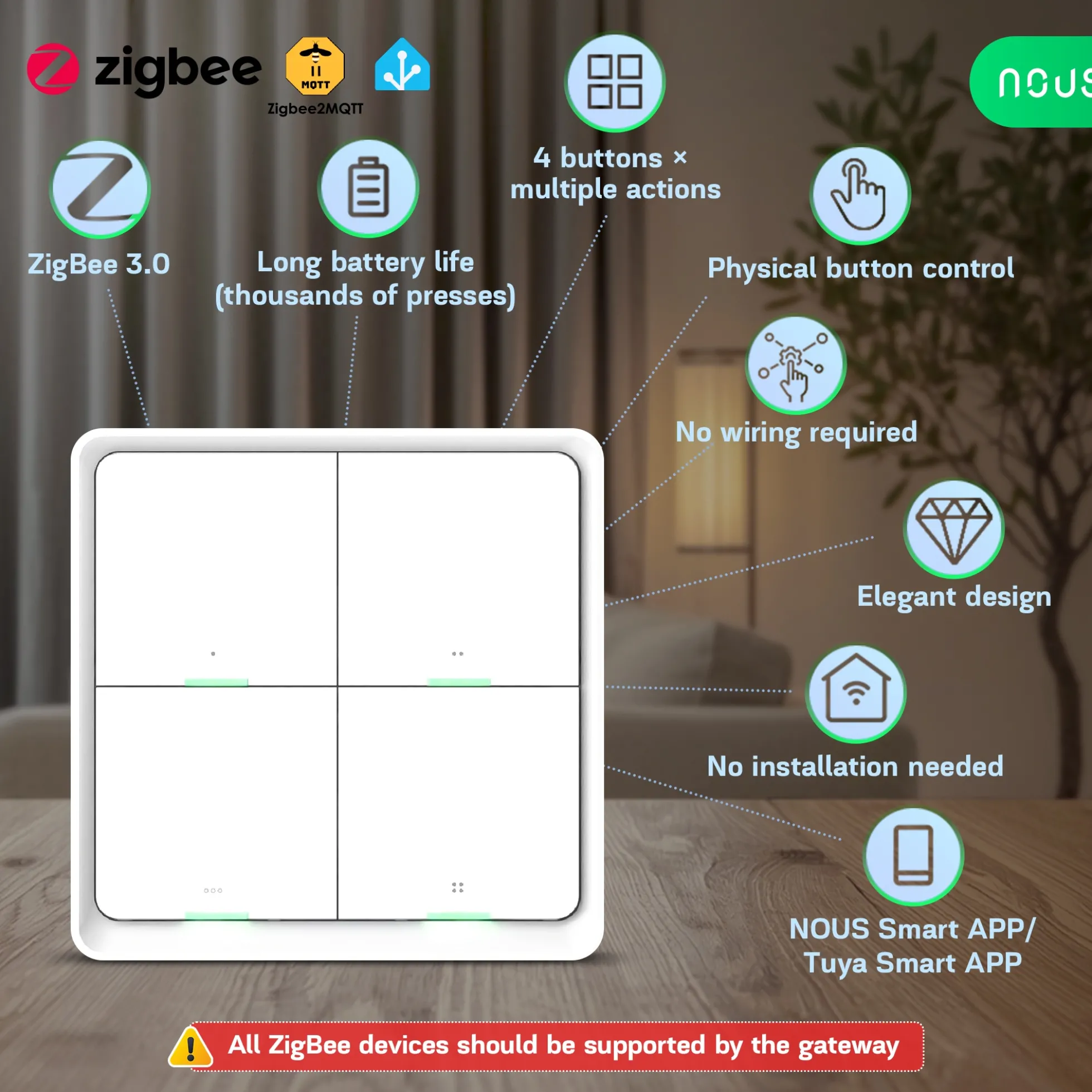 Nous C1 Zigbee smart tryk, 4 knapper