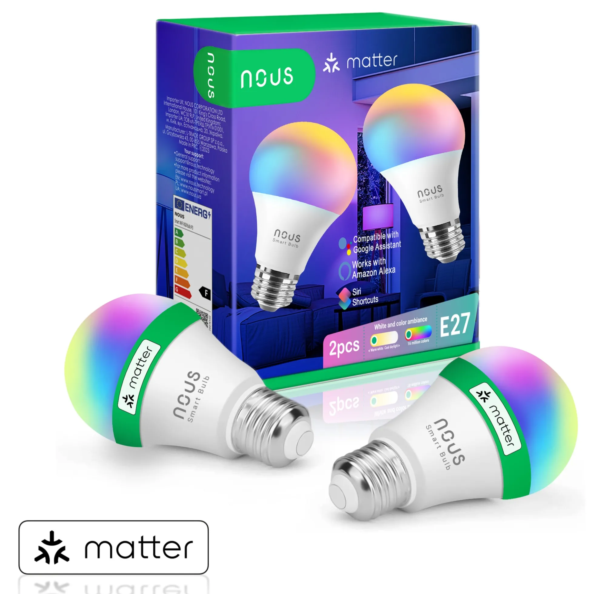 NOUS P3 E27 Smart Pære, RGB, 810lm, Matter - 2 pak