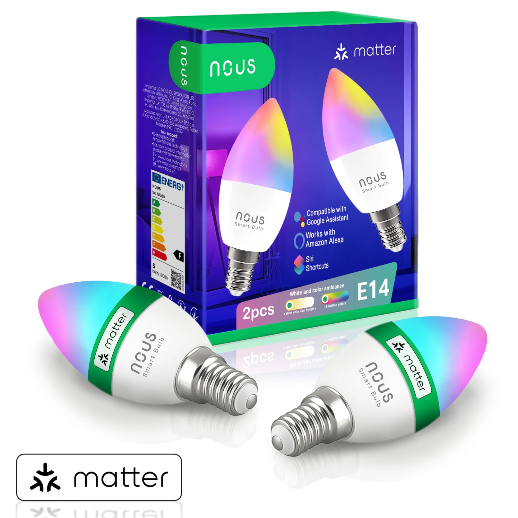 Nous P4 E14 Smart Pære, RGB, 470lm, 4,5W, Matter - 2 pak