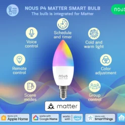 NOUS P4 E14 Smart Pære, RGB, 470lm, 4,5W, Matter