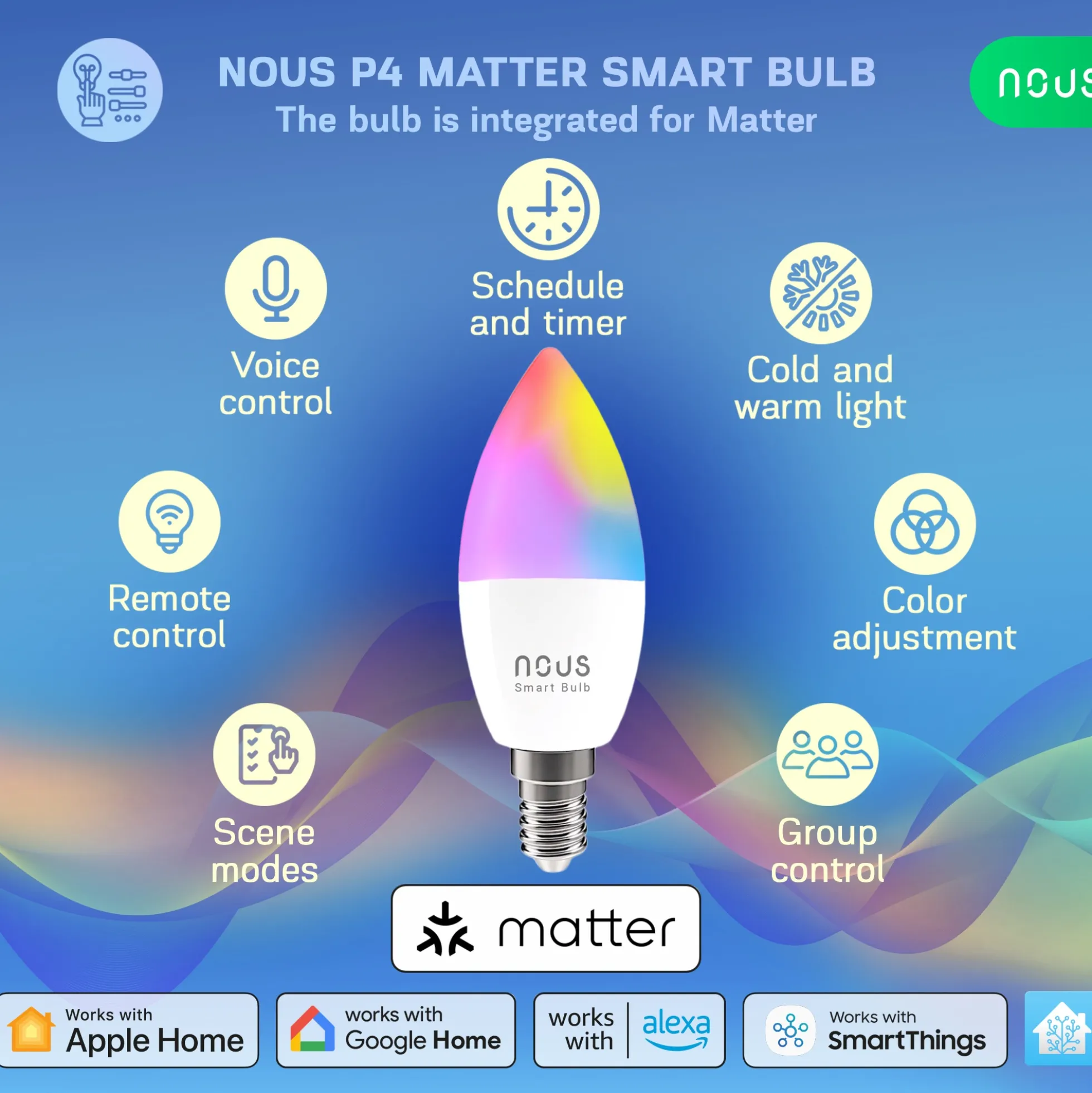 NOUS P4 E14 Smart Pære, RGB, 470lm, 4,5W, Matter
