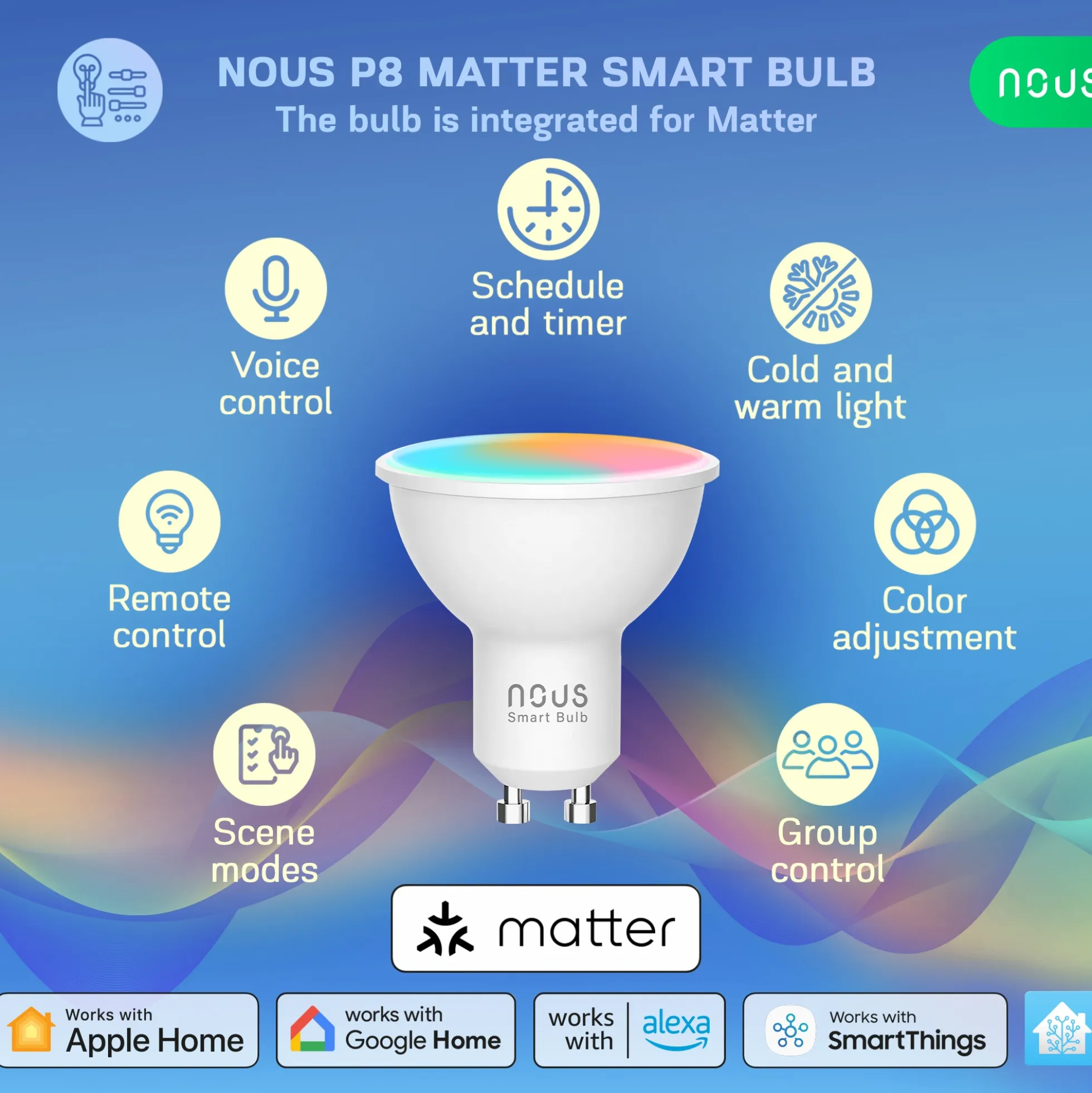 NOUS P8 GU10 Smart Pære, 420lm, 4,5W, Matter - 2 pak