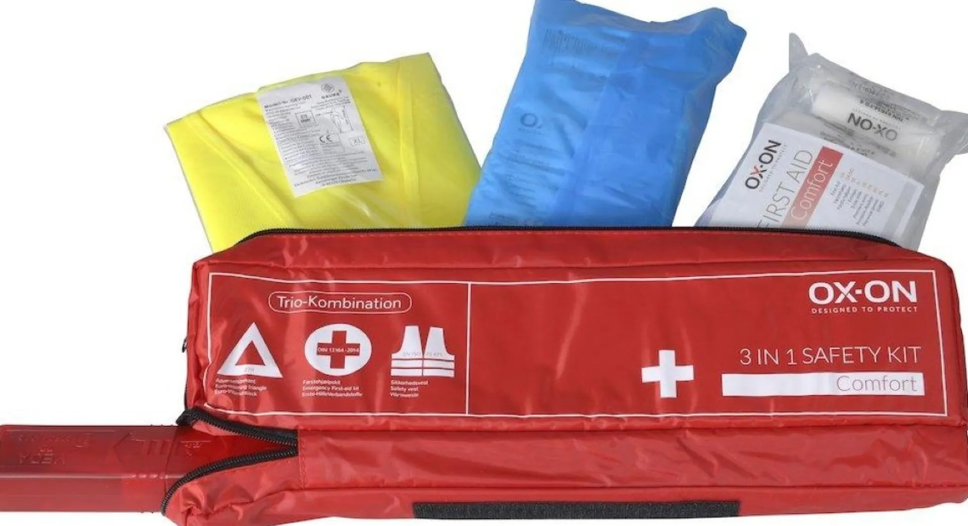 OX-ON 3 in 1 Safety kit Comfort, advarselstrekant, sikkerhedsvest, førstehjælpssæt
