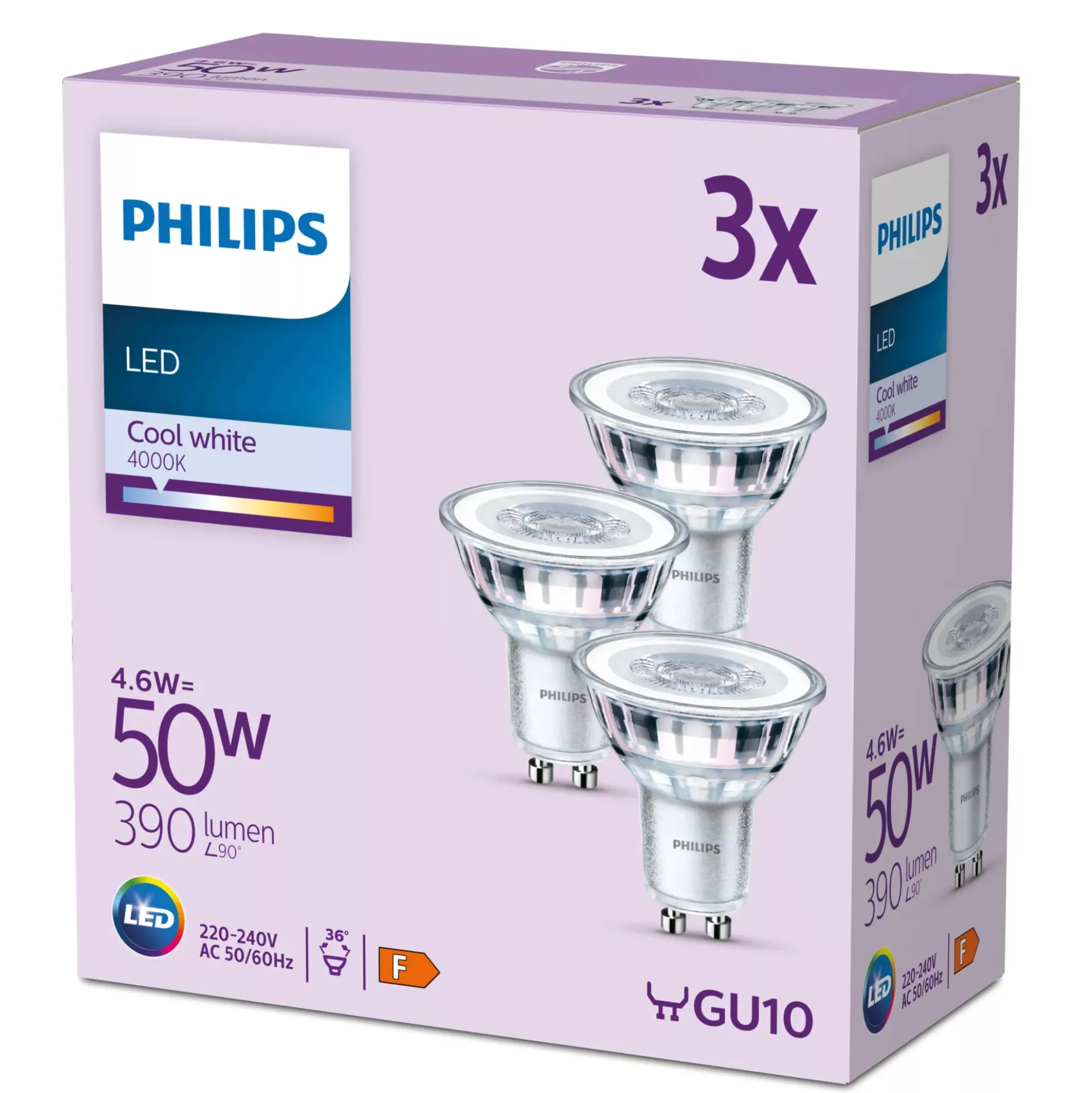 Philips Classic GU10 LED-pære, 36°, 4,6W - 3 pak