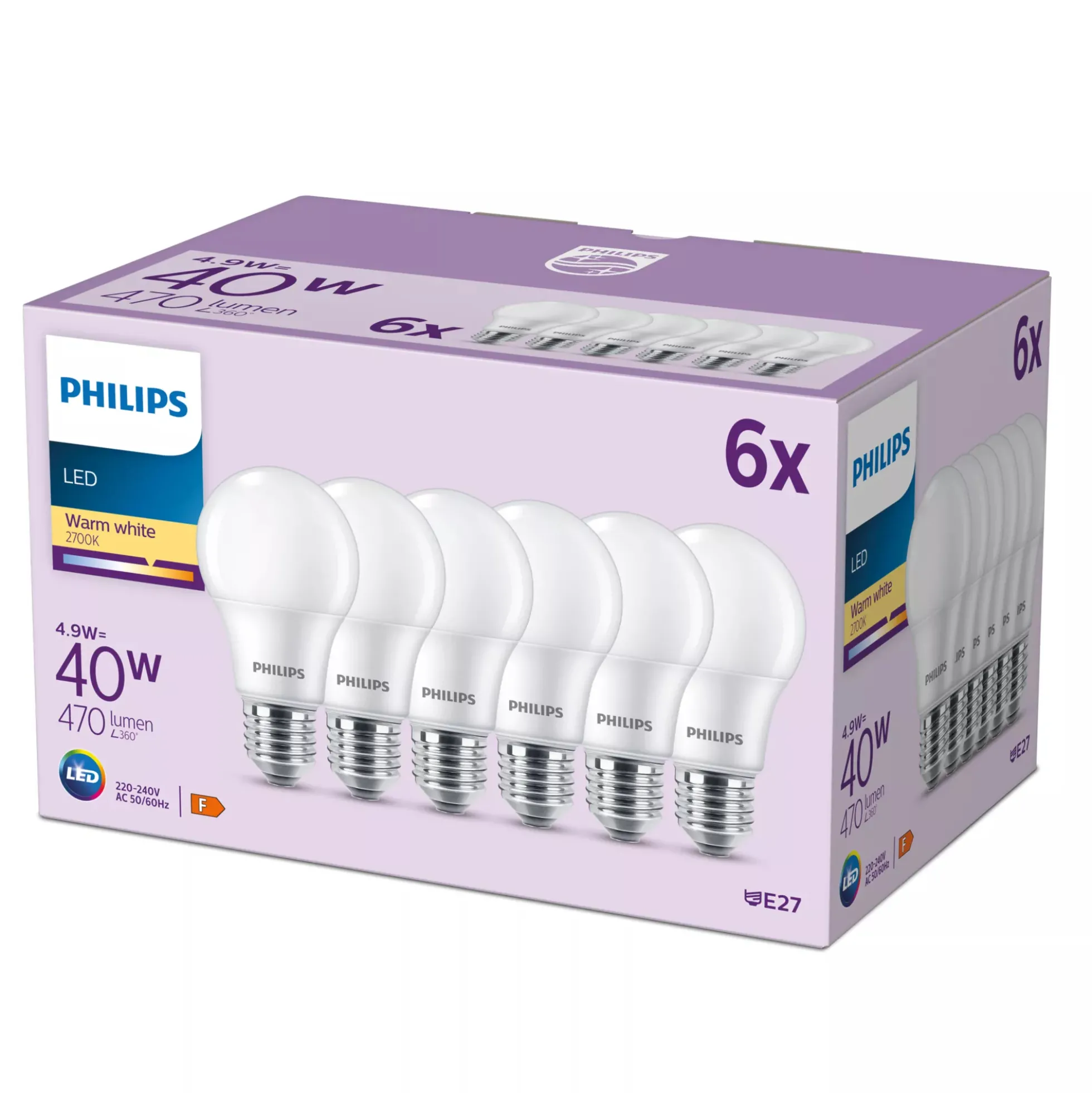 Philips E27 LED-pære, mat, 470lm, 2700K, 4,9W - 6 pak