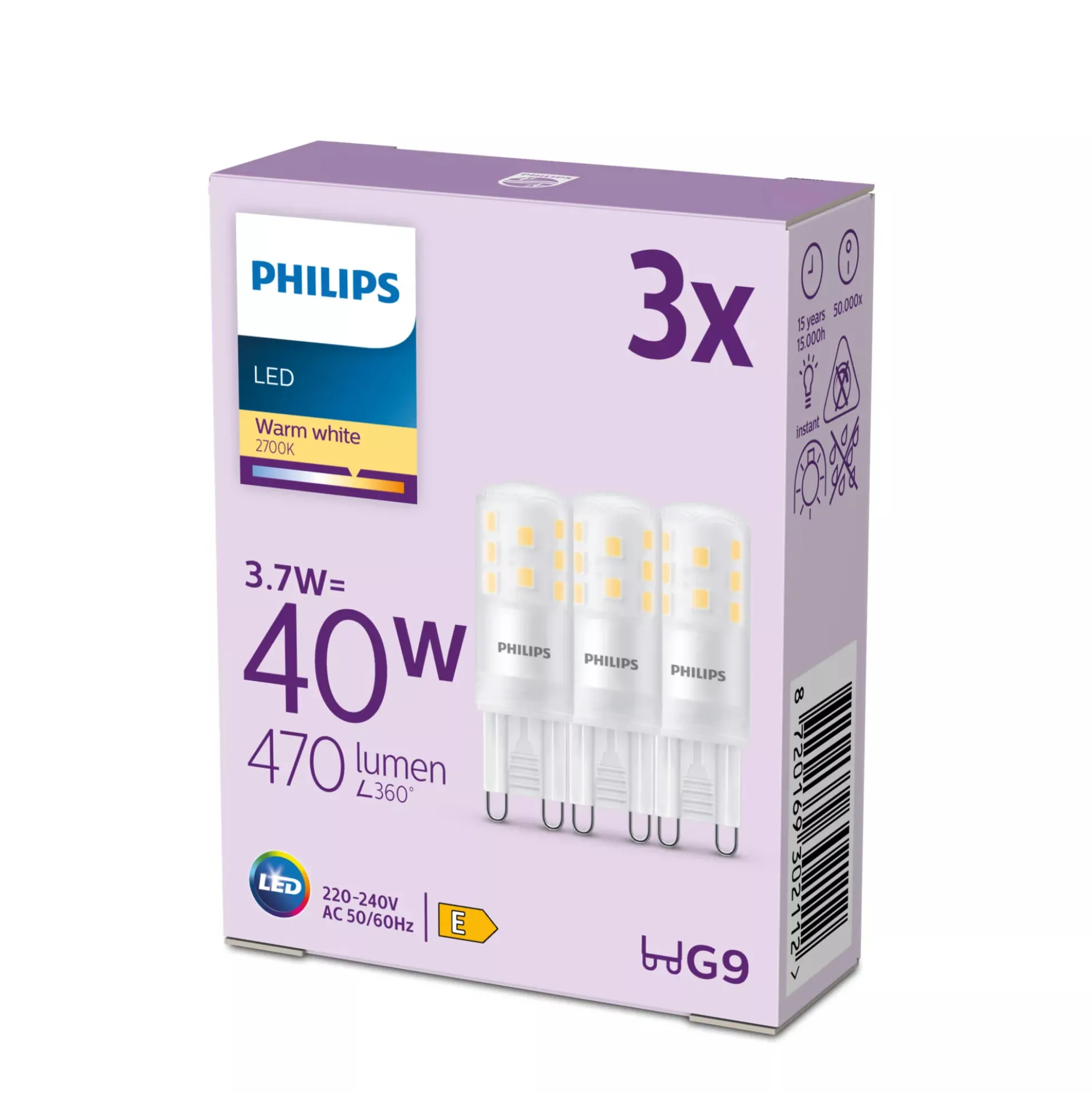 Philips G9 LED-pære, 2700K, 470lm, 3,7W - 3 pak