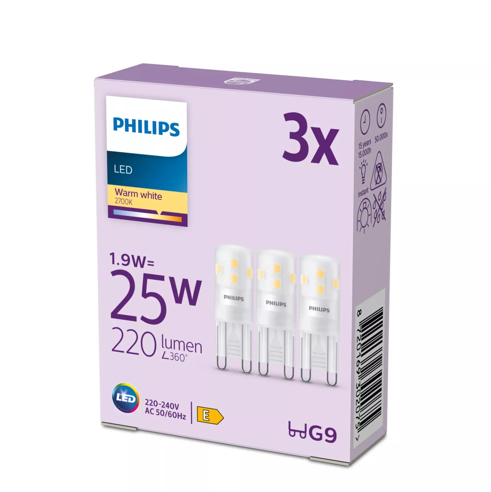 Philips G9 LED-pære, 2700K, 220lm, 1,9W - 3 pak