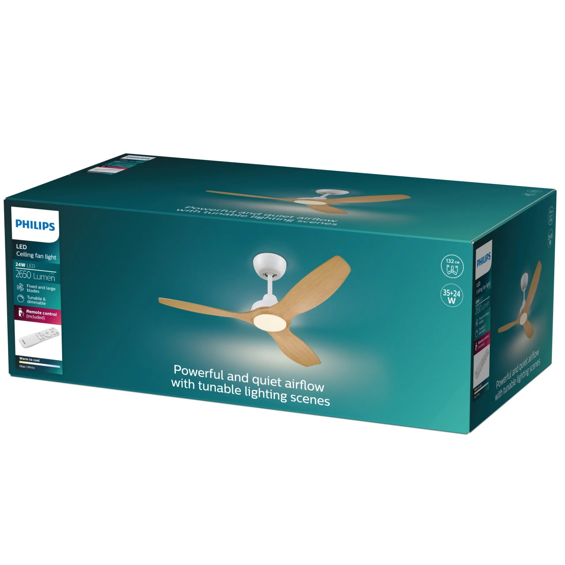 Philips Olas Loftventilator med LED-lys, Ø132 cm, dæmpbar med justerbar farvetemperatur, fjernbetjening