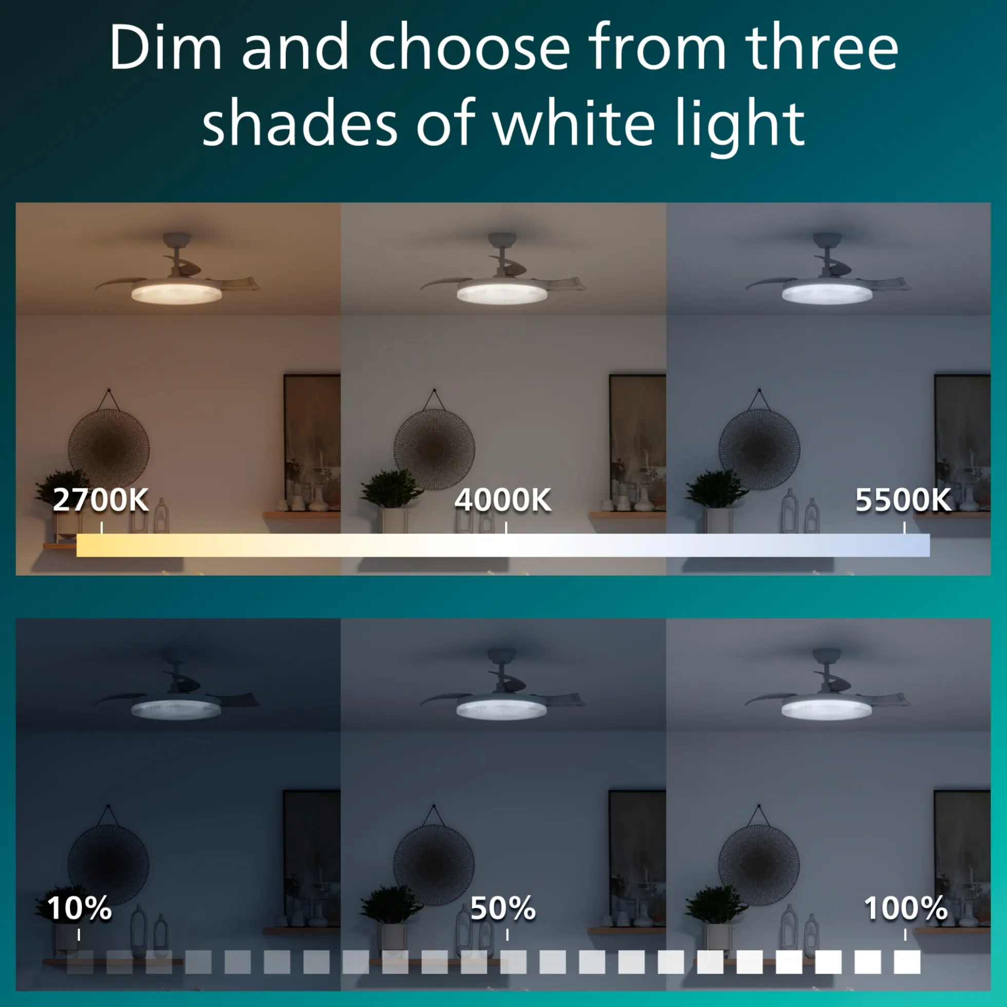Philips Tynl Loftventilator med LED-lys, Ø106 cm, sammenfoldelige vinger, dæmpbar med justerbar farvetemperatur, fjernbetjening, hvid