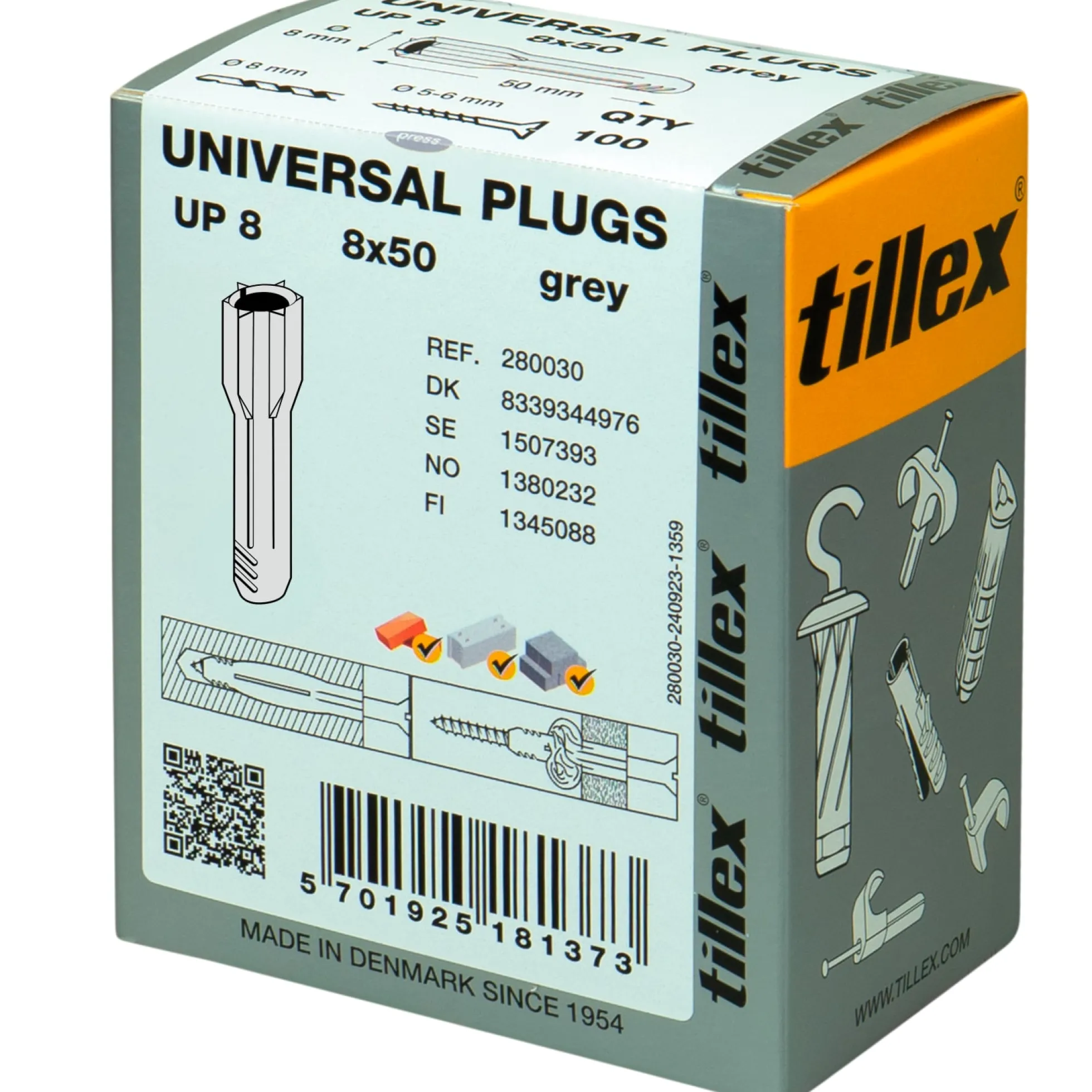 Plugs Uni UP8, 8x50 mm uden krave, grå (100) - Tillex - 100 stk