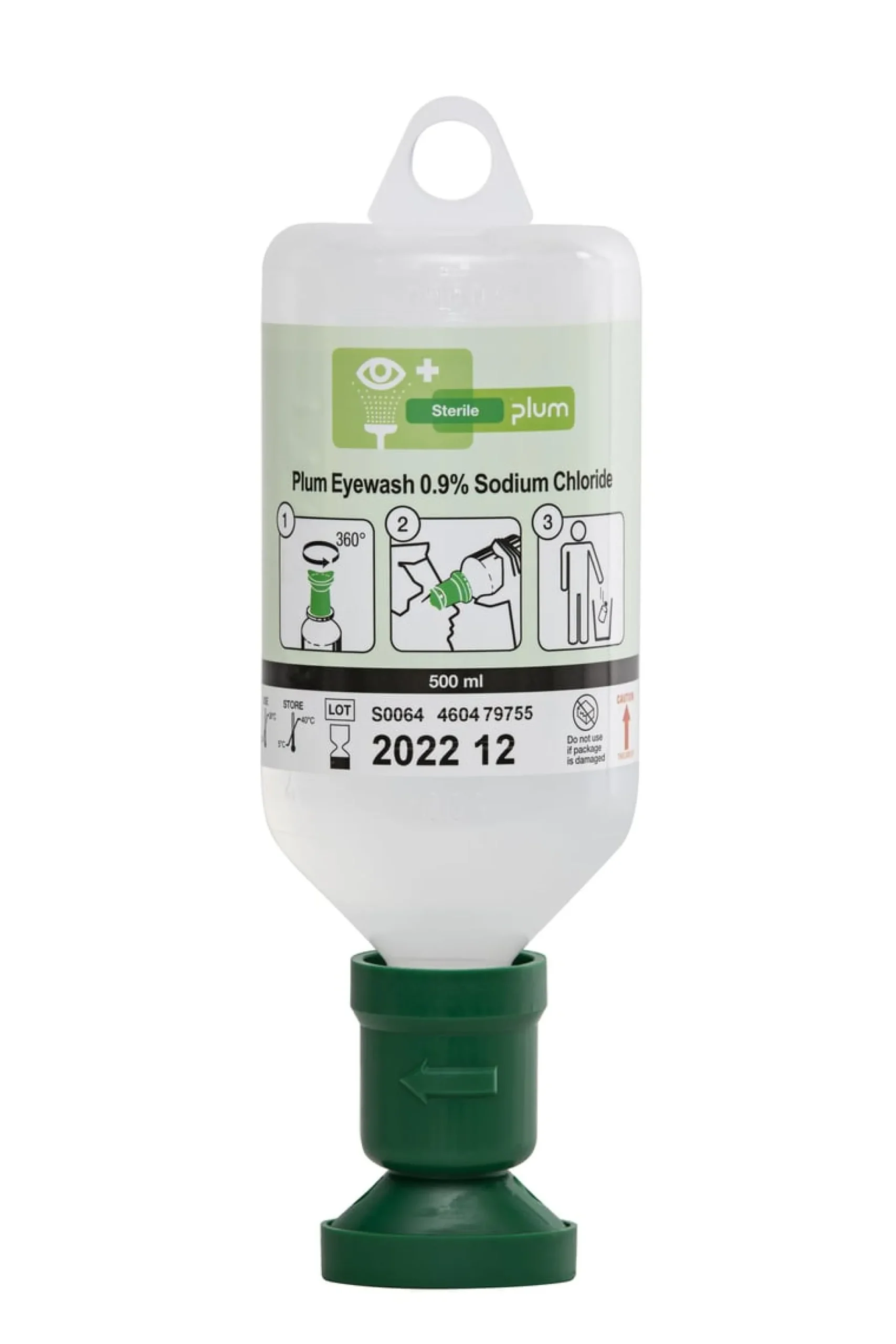 Plum øjenskyl, 500 ml, 0,9% saltvand, med øjenkop, CE 4604
