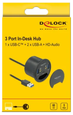 3 port in-desk hub USB, 1 x USB type-C og 2 x USB type-A +HD - Delock