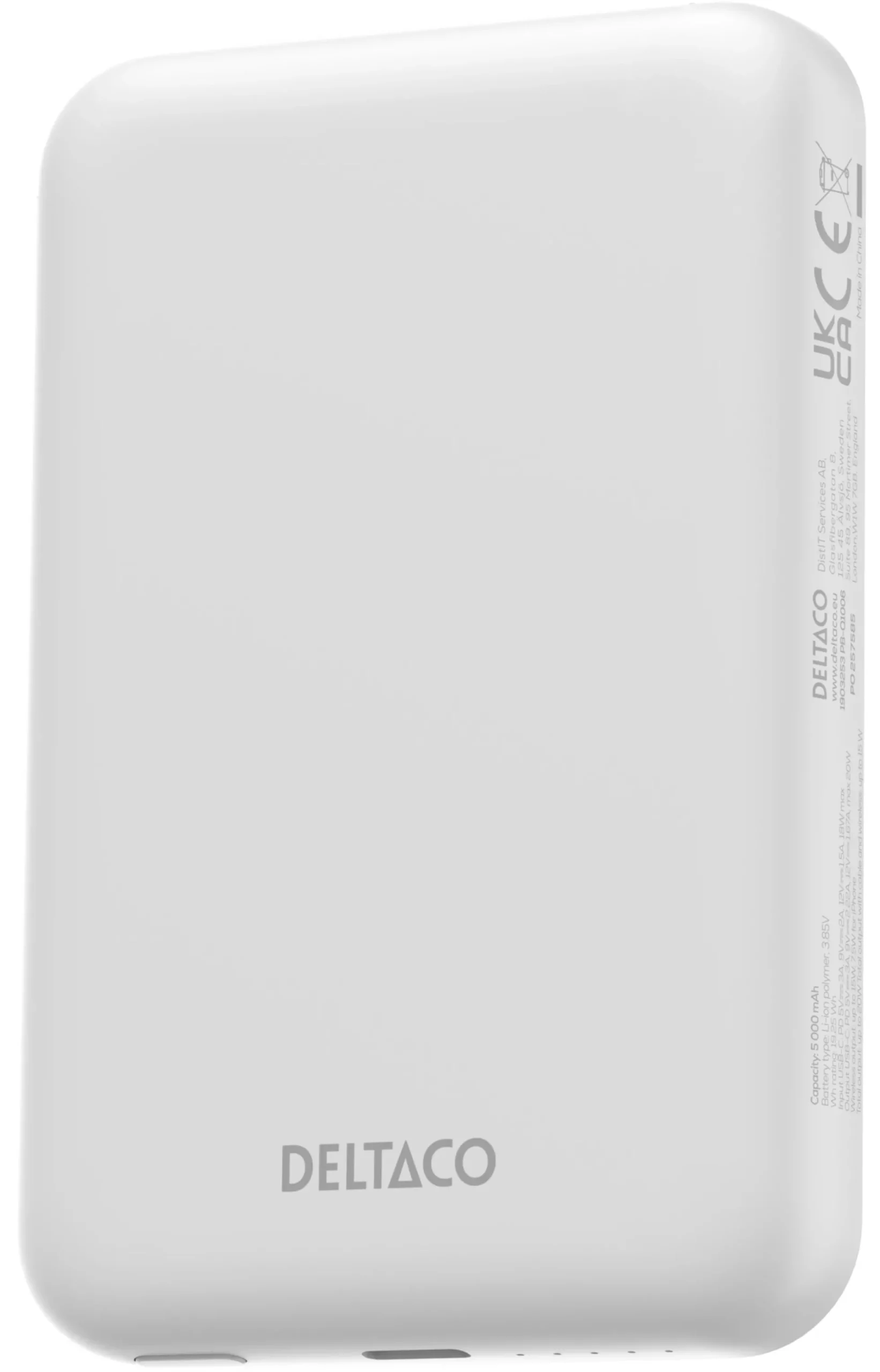Power bank 5000 mAh, trådløs opladning, PD 20 W, magnet, hvid