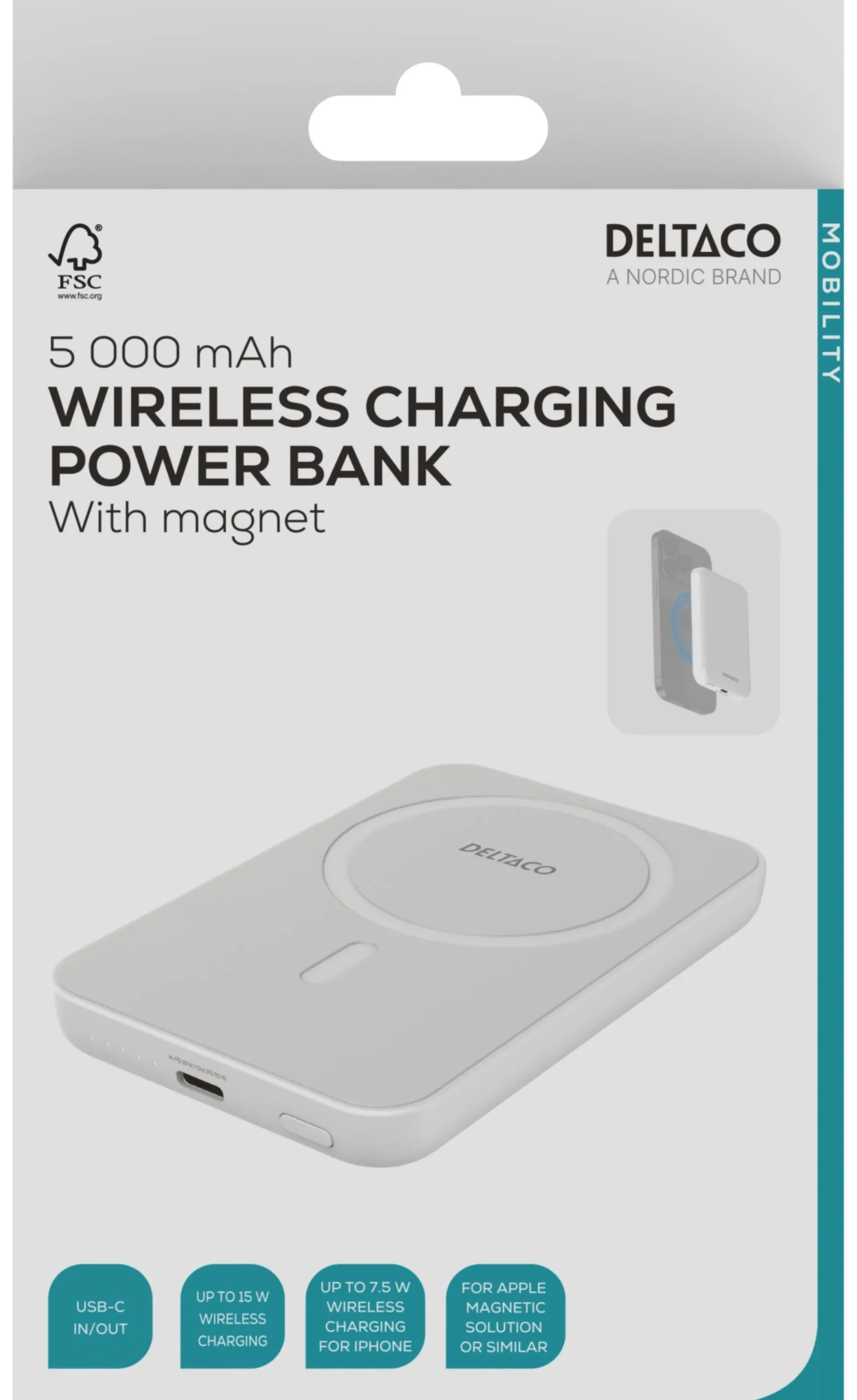 Power bank 5000 mAh, trådløs opladning, PD 20 W, magnet, hvid